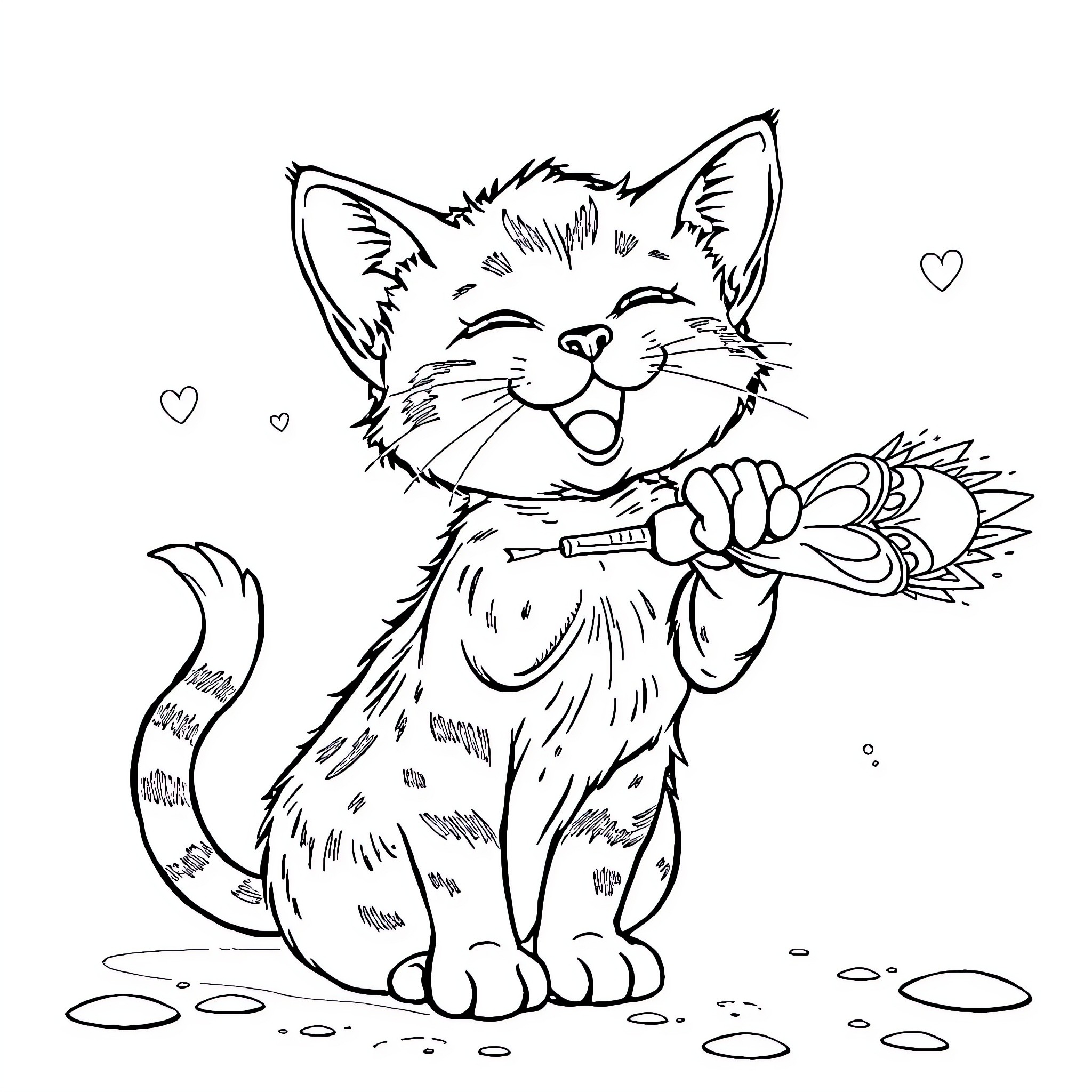 Cat joyfully holding a flower Coloring Page (free black-and-white line drawing printable PDF for all, from beginners to advanced learners, including children, teens, adults, and seniors)