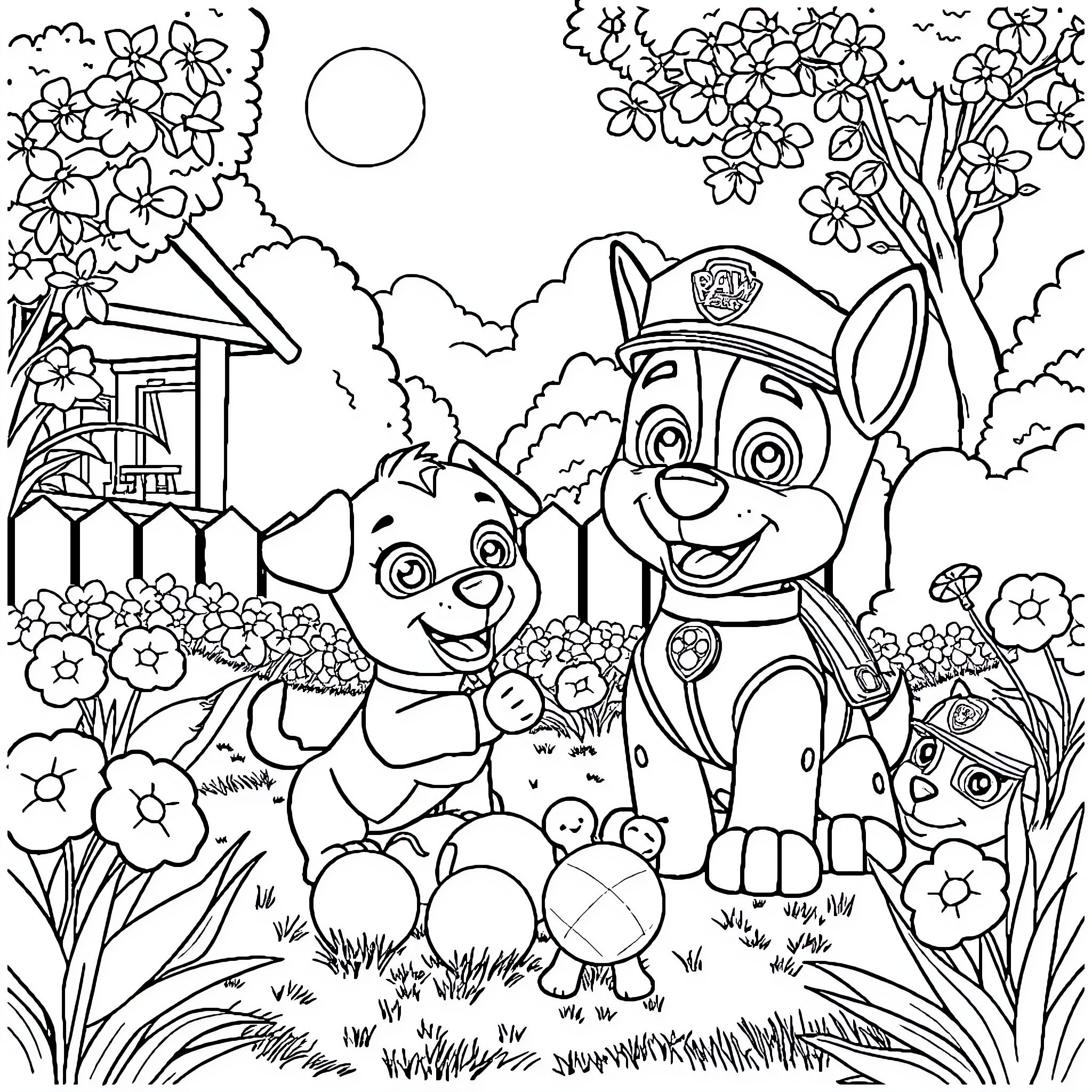 Chase through the Flower Garden Coloring Page (free black-and-white line drawing printable PDF for all, from beginners to advanced learners, including children, teens, adults, and seniors)