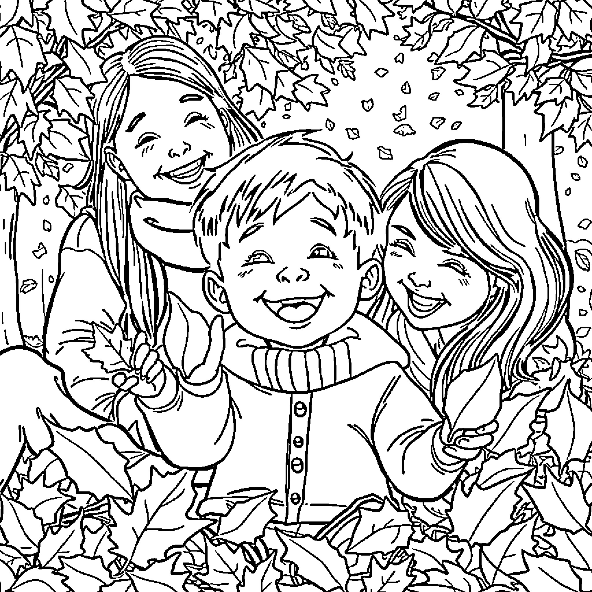 Boy and girls playing happily in the leaves Coloring Page (free black-and-white line drawing printable PDF for all, from beginners to advanced learners, including children, teens, adults, and seniors)