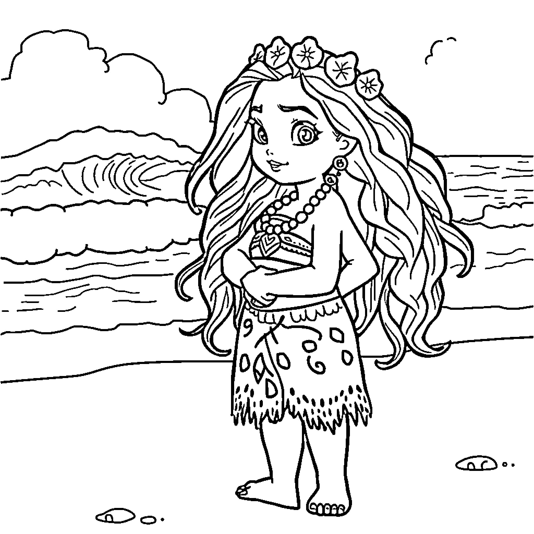 Moana enjoying a day at the beach Coloring Page (free black-and-white line drawing printable PDF for all, from beginners to advanced learners, including children, teens, adults, and seniors)