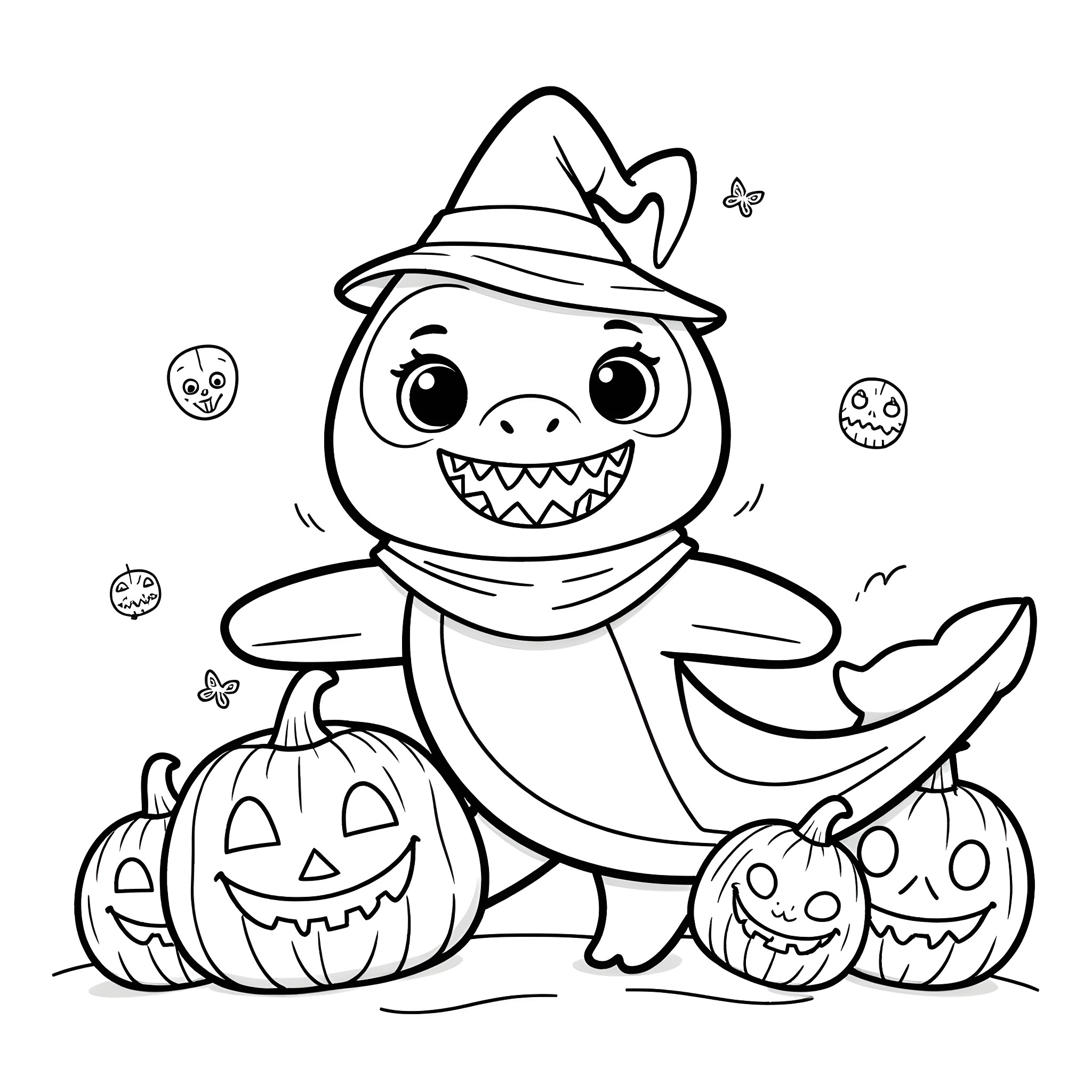 Baby Shark dressed as a witch with Halloween pumpkins Coloring Page (free black-and-white line drawing printable PDF for all, from beginners to advanced learners, including children, teens, adults, and seniors)