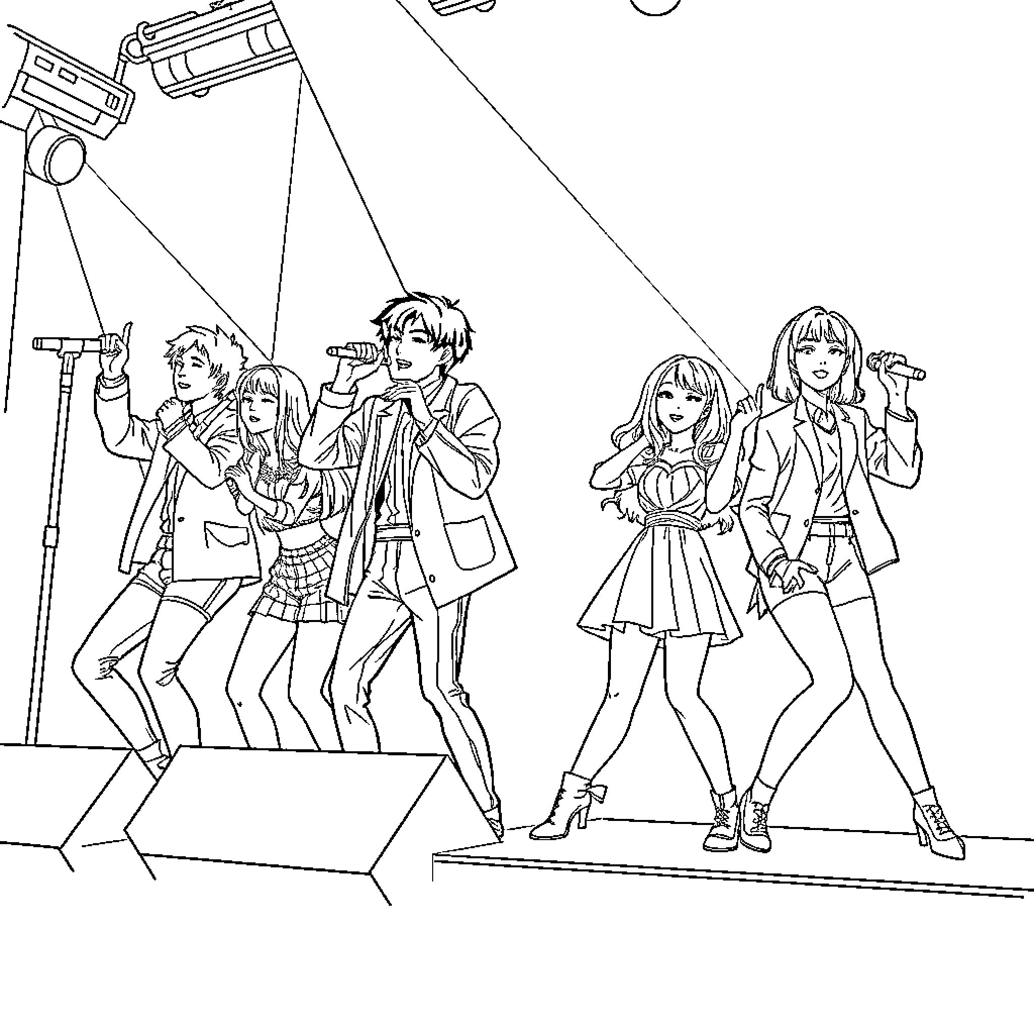 Kpop Stars on Stage with Lighting and Cameras Coloring Page (free black-and-white line drawing printable PDF for all, from beginners to advanced learners, including children, teens, adults, and seniors)