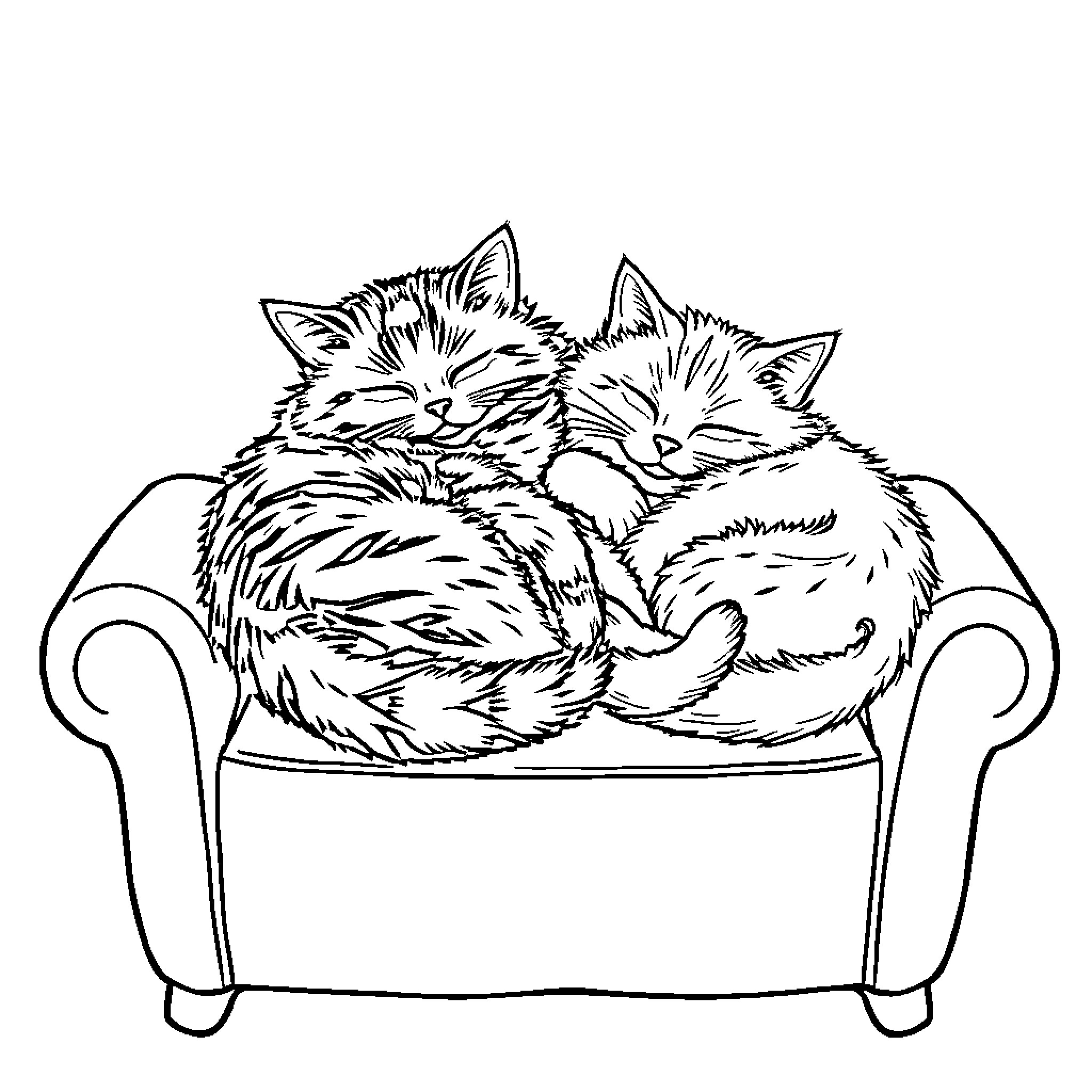 Cat siblings snuggling on cozy armchair Coloring Page (free black-and-white line drawing printable PDF for all, from beginners to advanced learners, including children, teens, adults, and seniors)