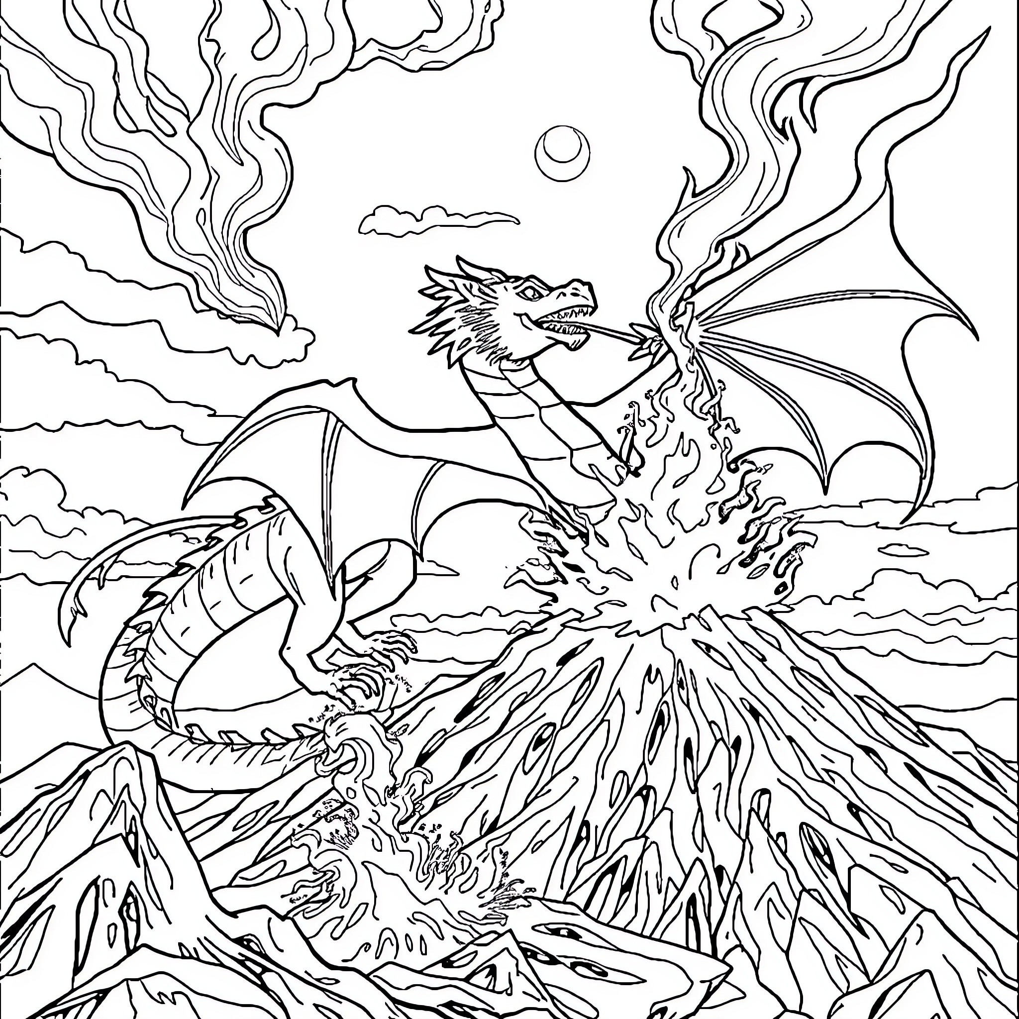 Dragon Unleashing Fiery Breath in Dramatic Landscape Coloring Page (free black-and-white line drawing printable PDF for all, from beginners to advanced learners, including children, teens, adults, and seniors)