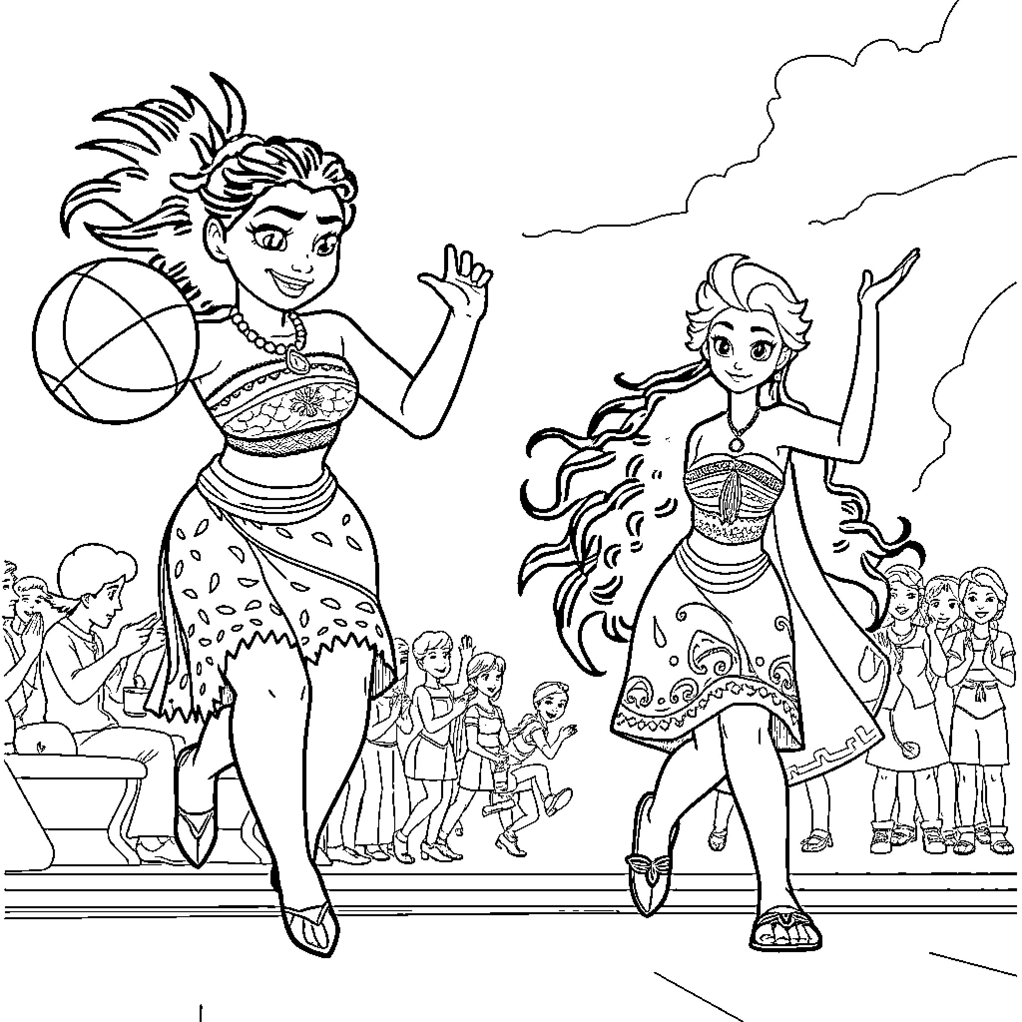 Moana and Maui's Adventurous Display Coloring Page (free black-and-white line drawing printable PDF for all, from beginners to advanced learners, including children, teens, adults, and seniors)