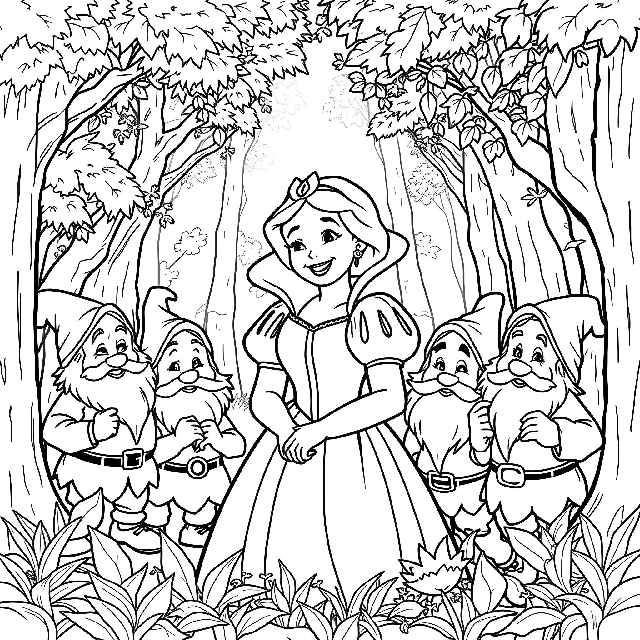 Dwarf princess and her dwarven companions in the enchanted forest Coloring Page (free black-and-white line drawing printable PDF for all, from beginners to advanced learners, including children, teens, adults, and seniors)