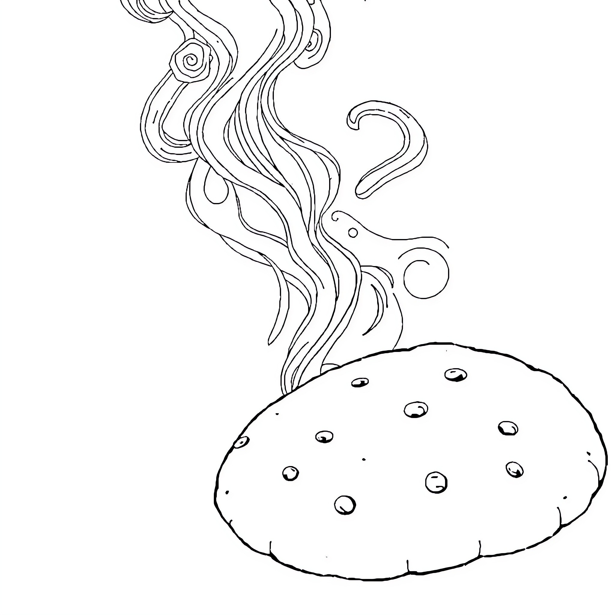 Curry-infused Cauldron Bubbles with Ethereal Swirls Coloring Page (free black-and-white line drawing printable PDF for all, from beginners to advanced learners, including children, teens, adults, and seniors)