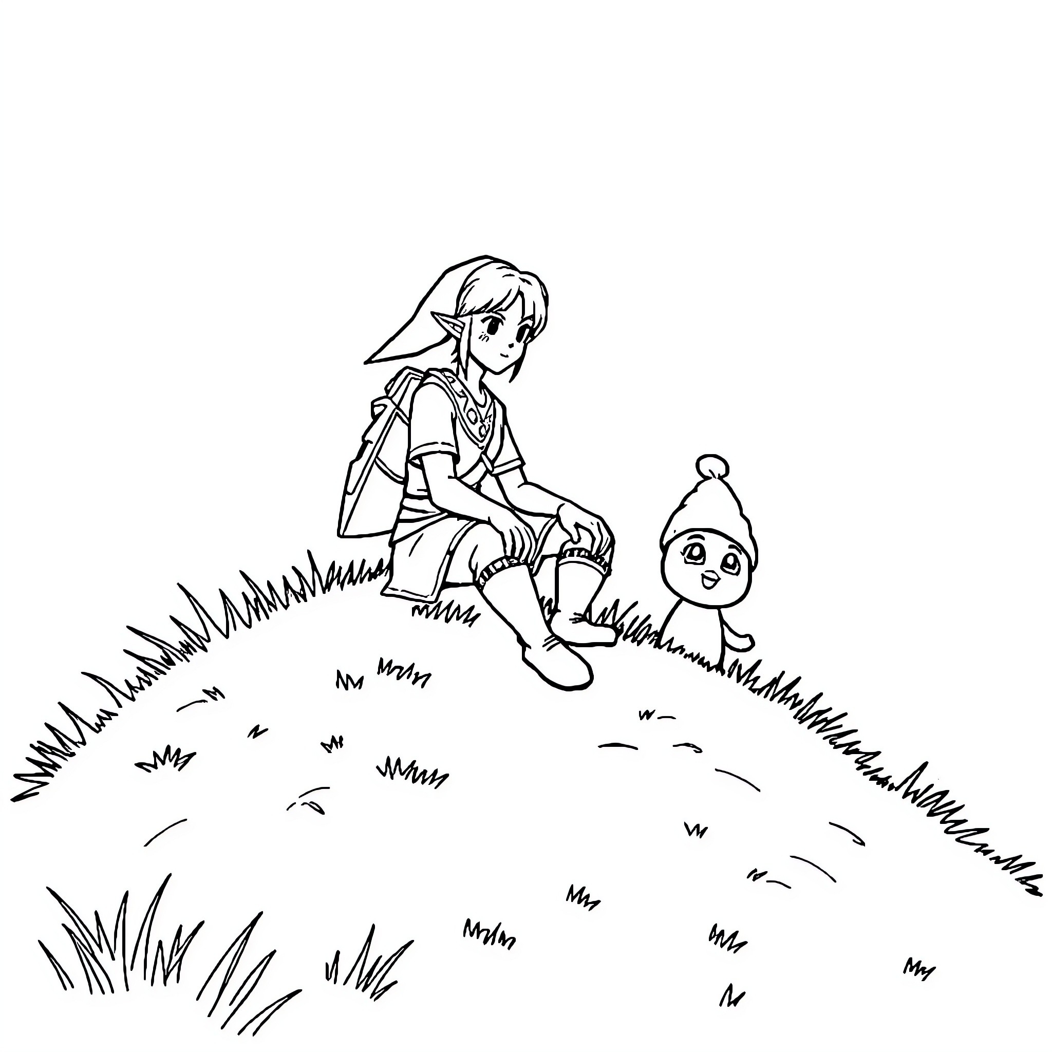 Link resting with companion in the meadow Coloring Page (free black-and-white line drawing printable PDF for all, from beginners to advanced learners, including children, teens, adults, and seniors)