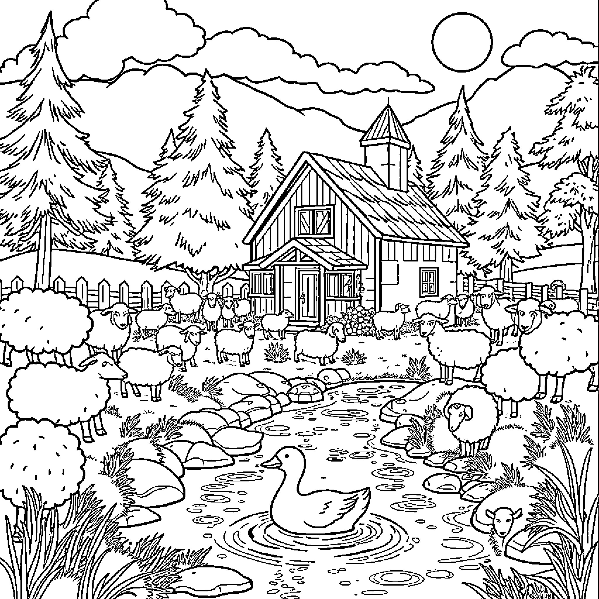 Farmhouse Surrounded by Scenic Nature and Animals Coloring Page (free black-and-white line drawing printable PDF for all, from beginners to advanced learners, including children, teens, adults, and seniors)