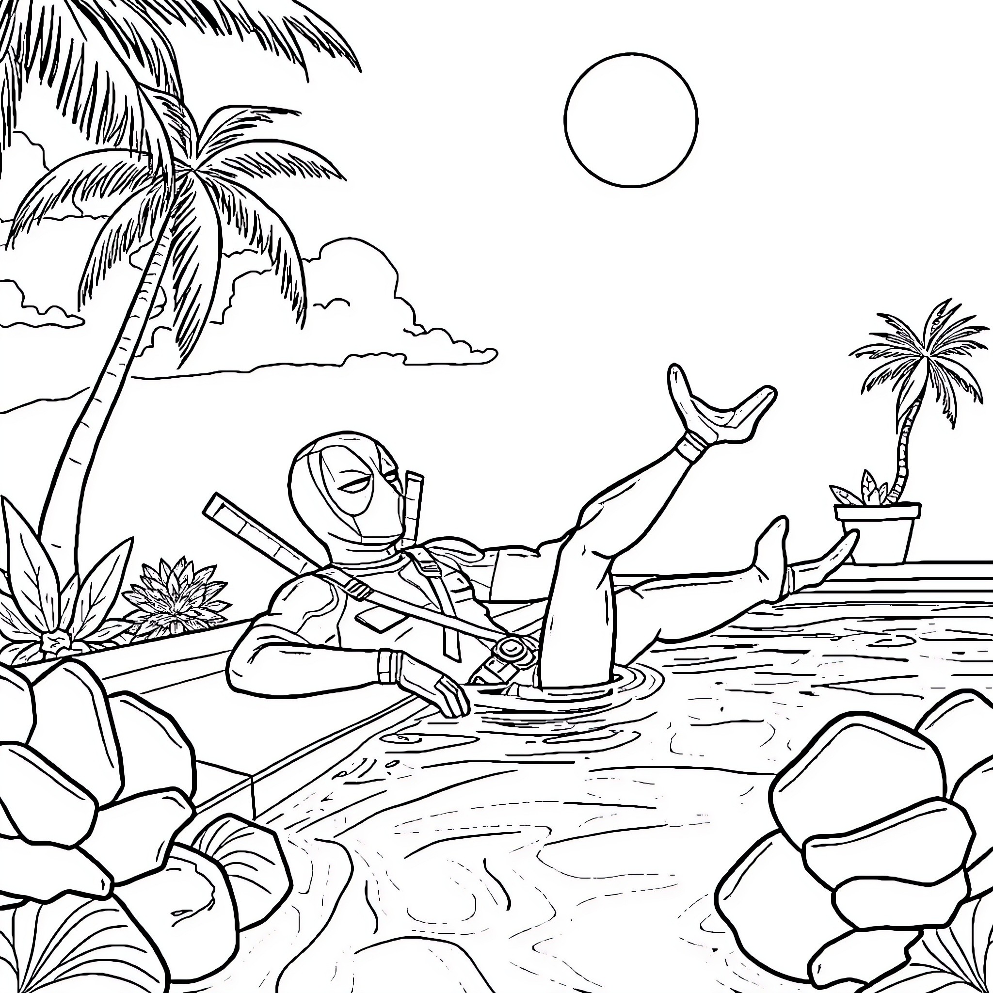 Deadpool relaxing in tropical paradise Coloring Page (free black-and-white line drawing printable PDF for all, from beginners to advanced learners, including children, teens, adults, and seniors)