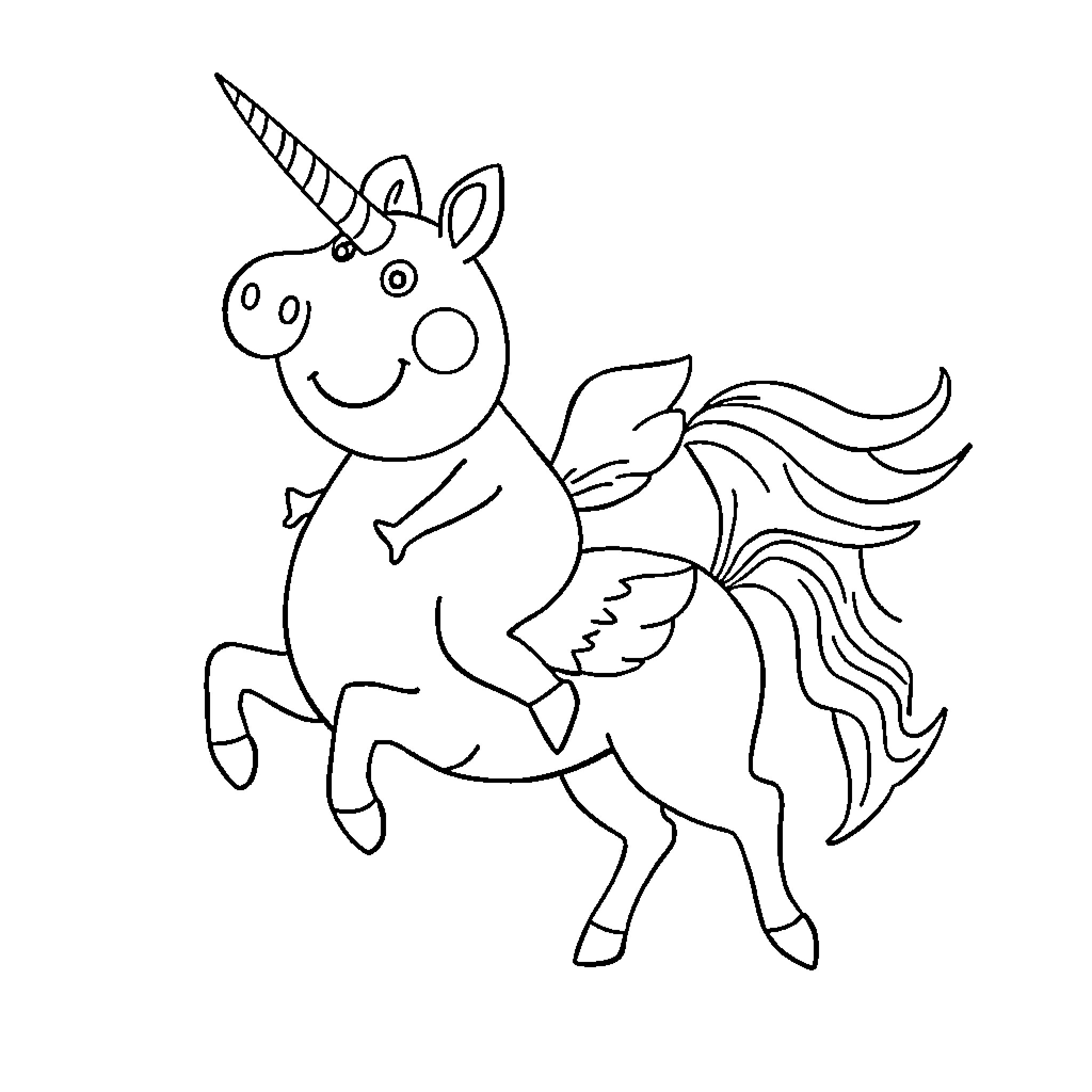 Peppa Pig as a happy unicorn Coloring Page (free black-and-white line drawing printable PDF for all, from beginners to advanced learners, including children, teens, adults, and seniors)