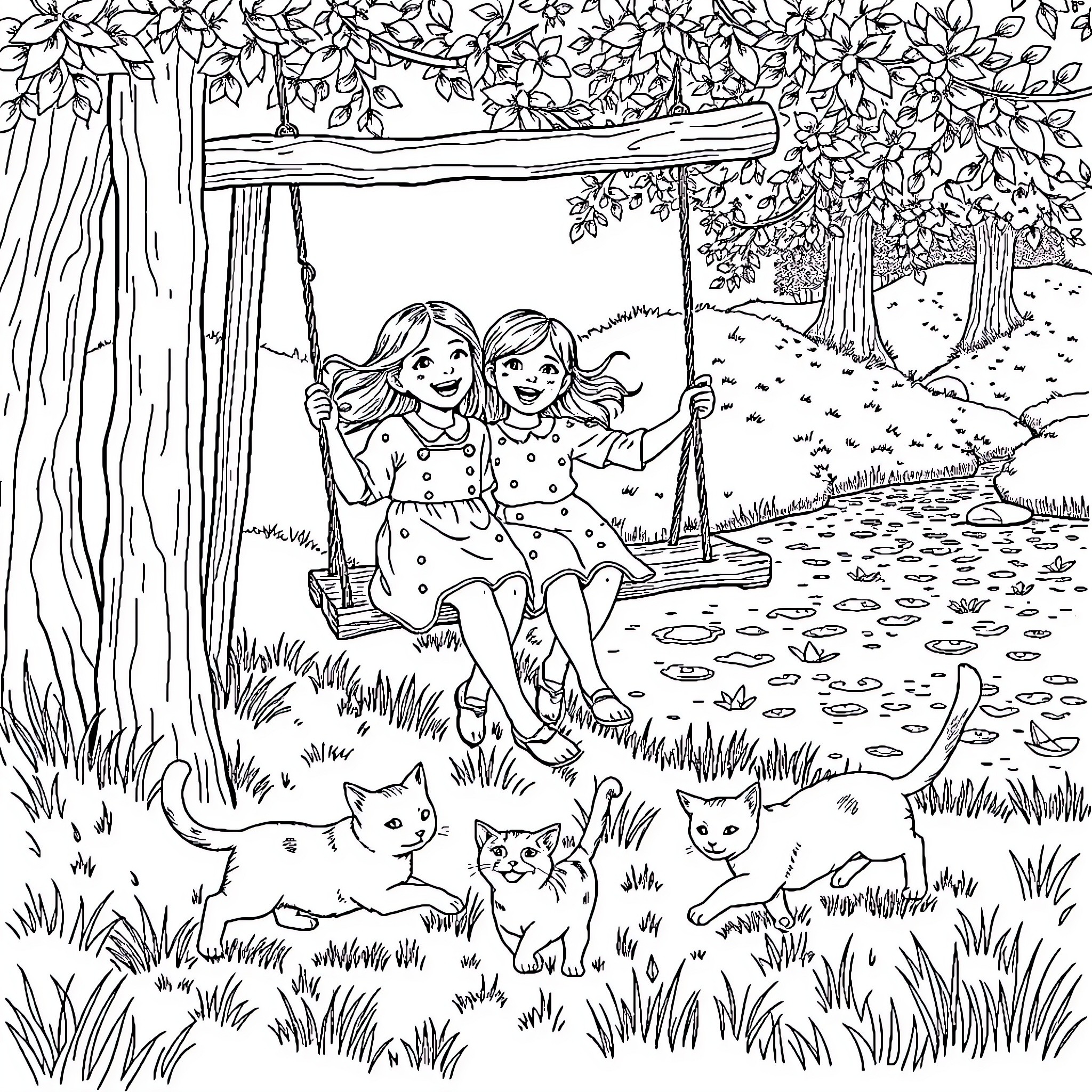 Sisters swinging happily in serene nature scene Coloring Page (free black-and-white line drawing printable PDF for all, from beginners to advanced learners, including children, teens, adults, and seniors)