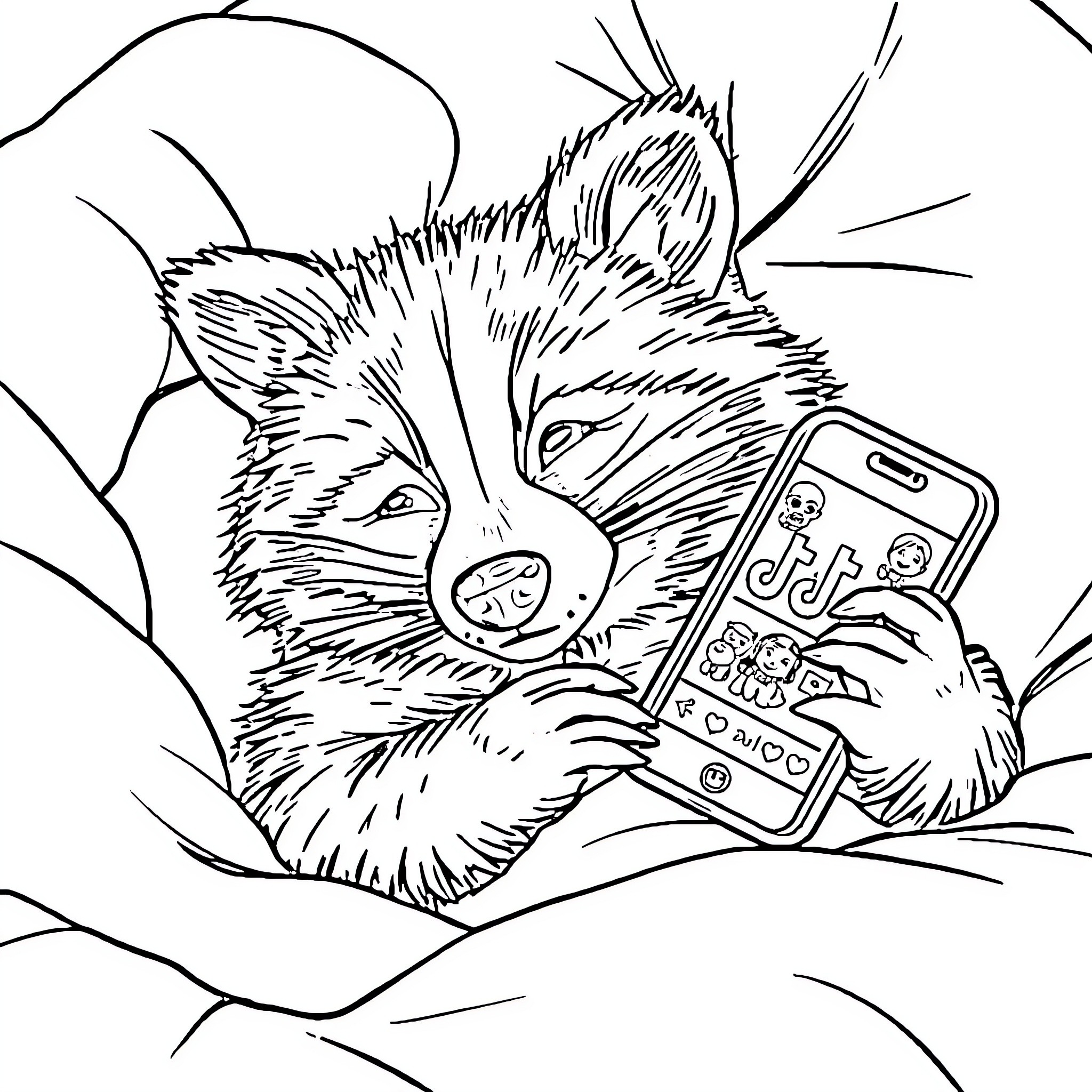 Raccoon exploring with a smartphone Coloring Page (free black-and-white line drawing printable PDF for all, from beginners to advanced learners, including children, teens, adults, and seniors)