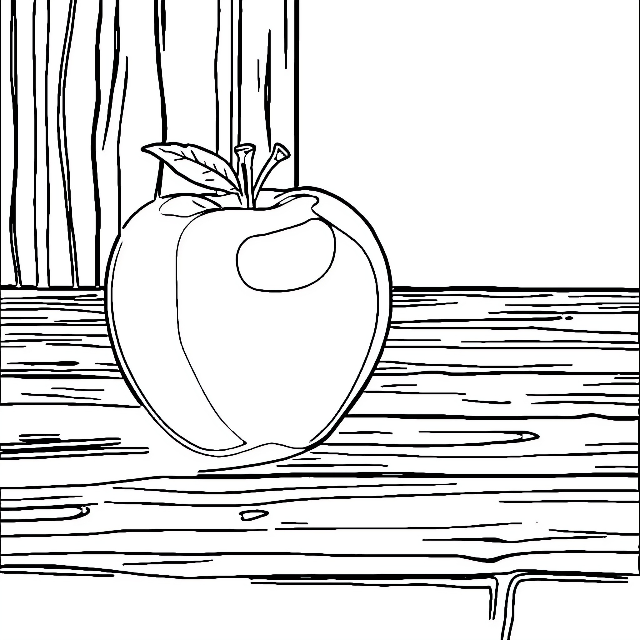Apple resting on a wooden surface Coloring Page (free black-and-white line drawing printable PDF for all, from beginners to advanced learners, including children, teens, adults, and seniors)