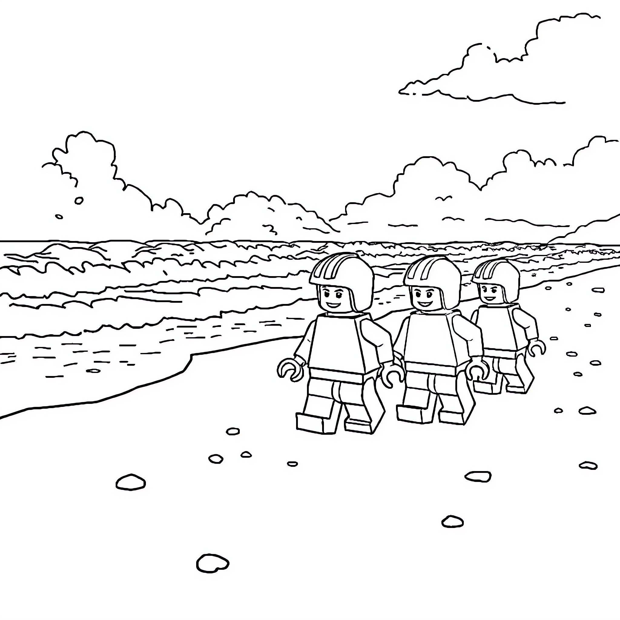 Lego characters exploring the beach Coloring Page (free black-and-white line drawing printable PDF for all, from beginners to advanced learners, including children, teens, adults, and seniors)