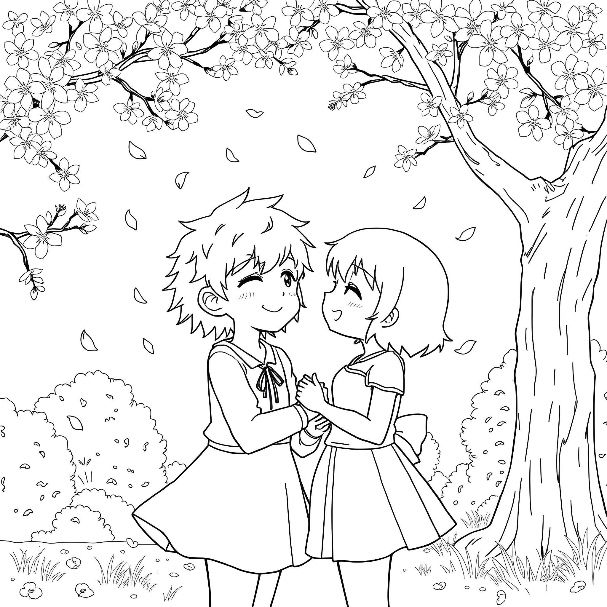 Deku and Uraraka enjoying the cherry blossom scenery Coloring Page (free black-and-white line drawing printable PDF for all, from beginners to advanced learners, including children, teens, adults, and seniors)