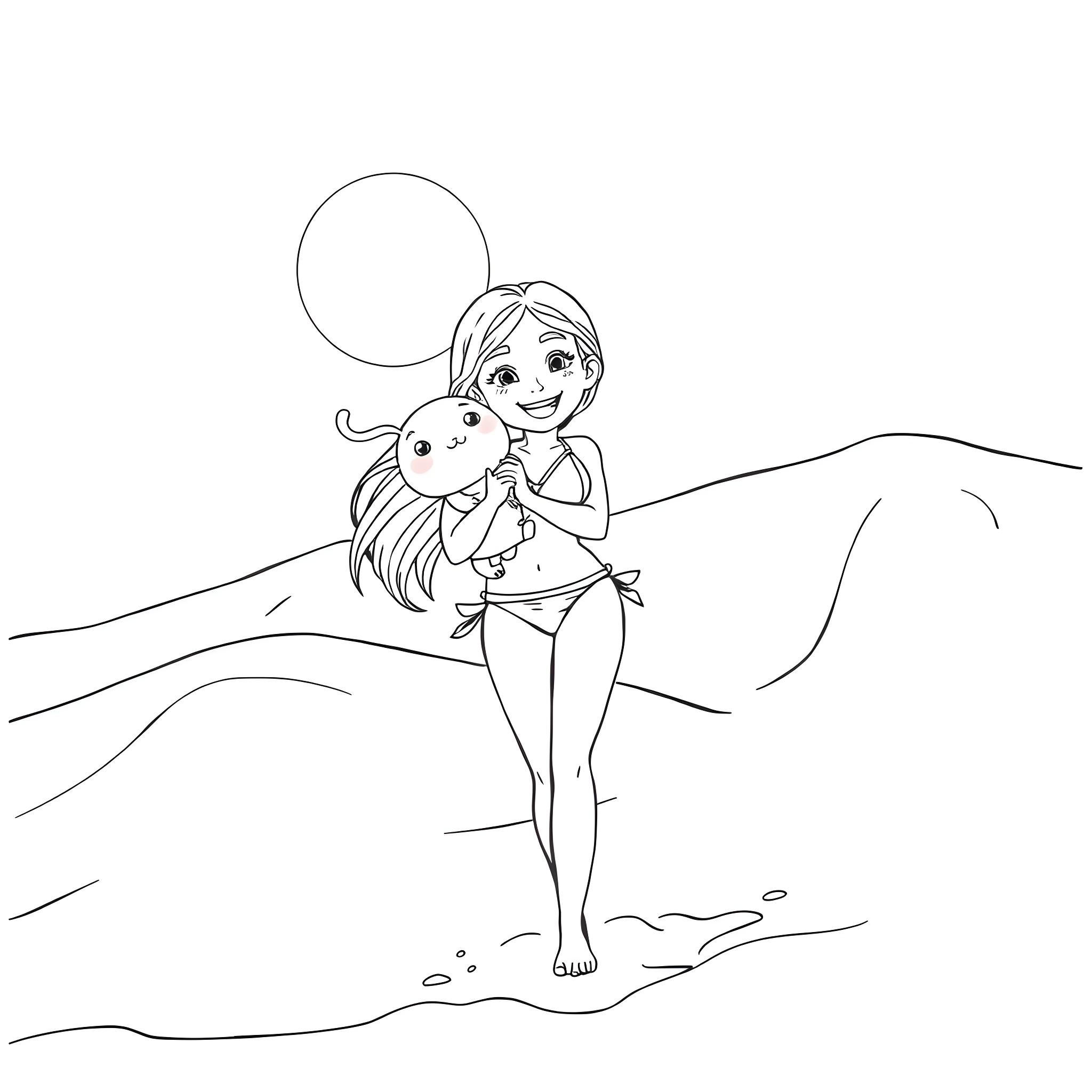 Girl playing with stuffed animal on beach Coloring Page (free black-and-white line drawing printable PDF for all, from beginners to advanced learners, including children, teens, adults, and seniors)