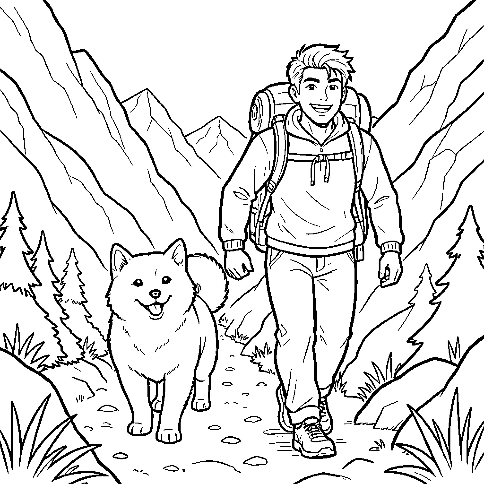 Shiba Inu hiking with explorer in the mountains Coloring Page (free black-and-white line drawing printable PDF for all, from beginners to advanced learners, including children, teens, adults, and seniors)