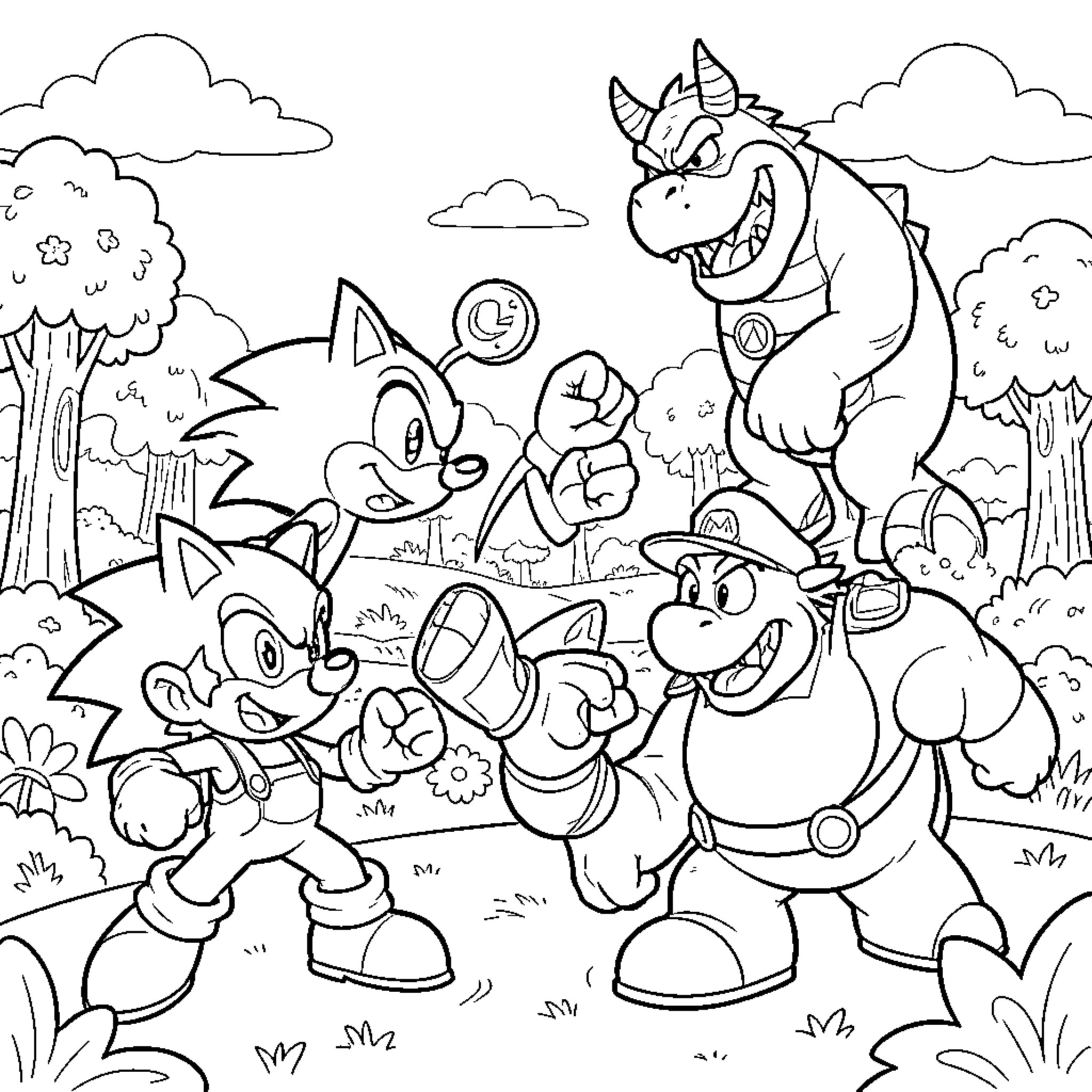 Sonic and friends in a lively outdoor adventure Coloring Page (free black-and-white line drawing printable PDF for all, from beginners to advanced learners, including children, teens, adults, and seniors)