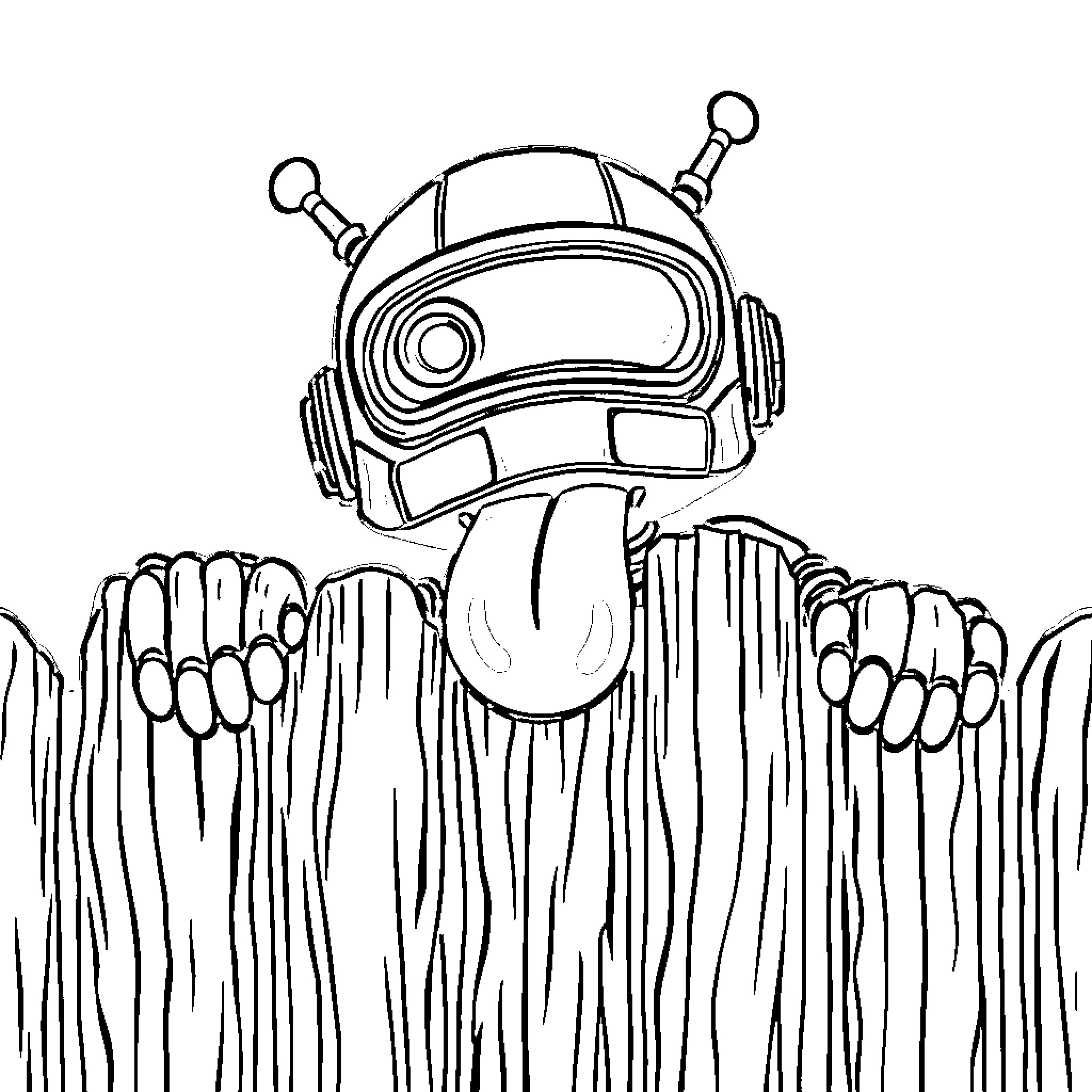 Robot peeking out from behind grass blades Coloring Page (free black-and-white line drawing printable PDF for all, from beginners to advanced learners, including children, teens, adults, and seniors)