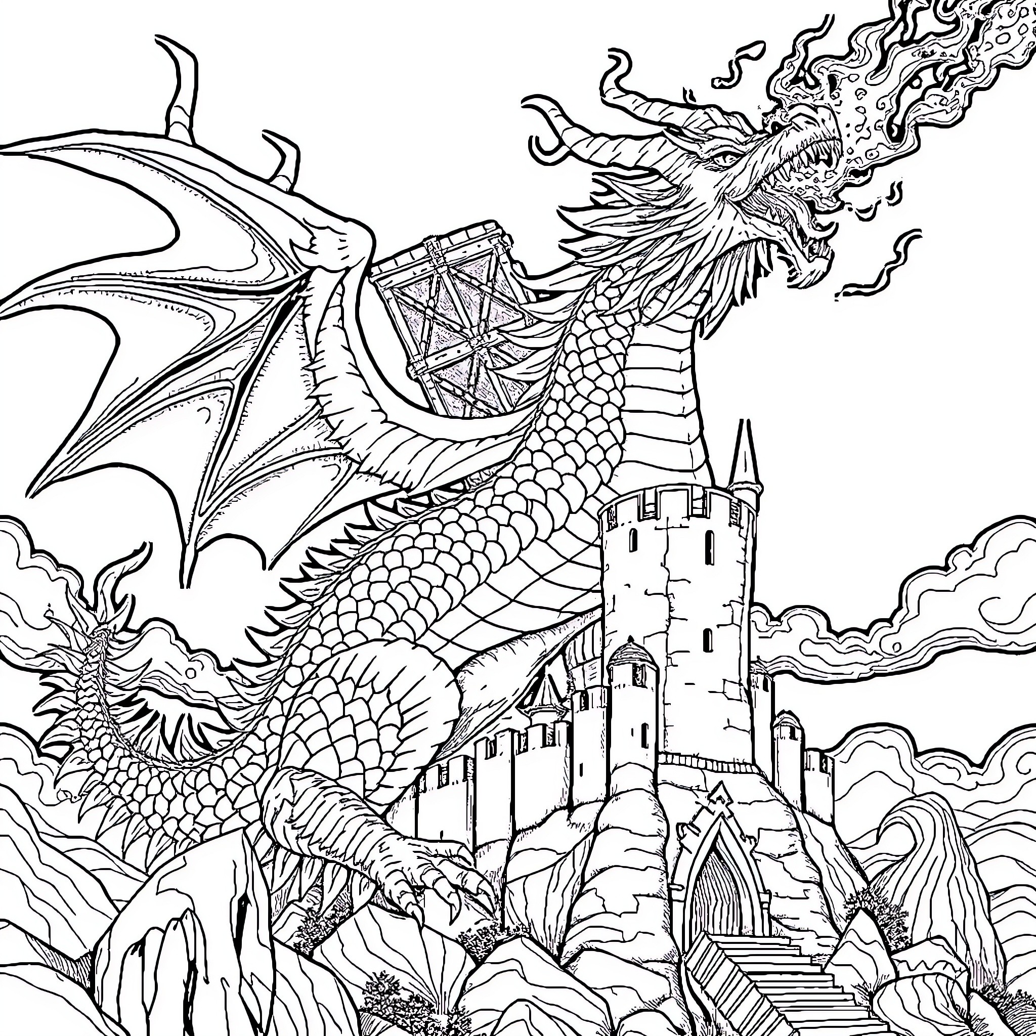 Dragon Breathing Fire Atop Enchanted Castle Coloring Page (free black-and-white line drawing printable PDF for all, from beginners to advanced learners, including children, teens, adults, and seniors)
