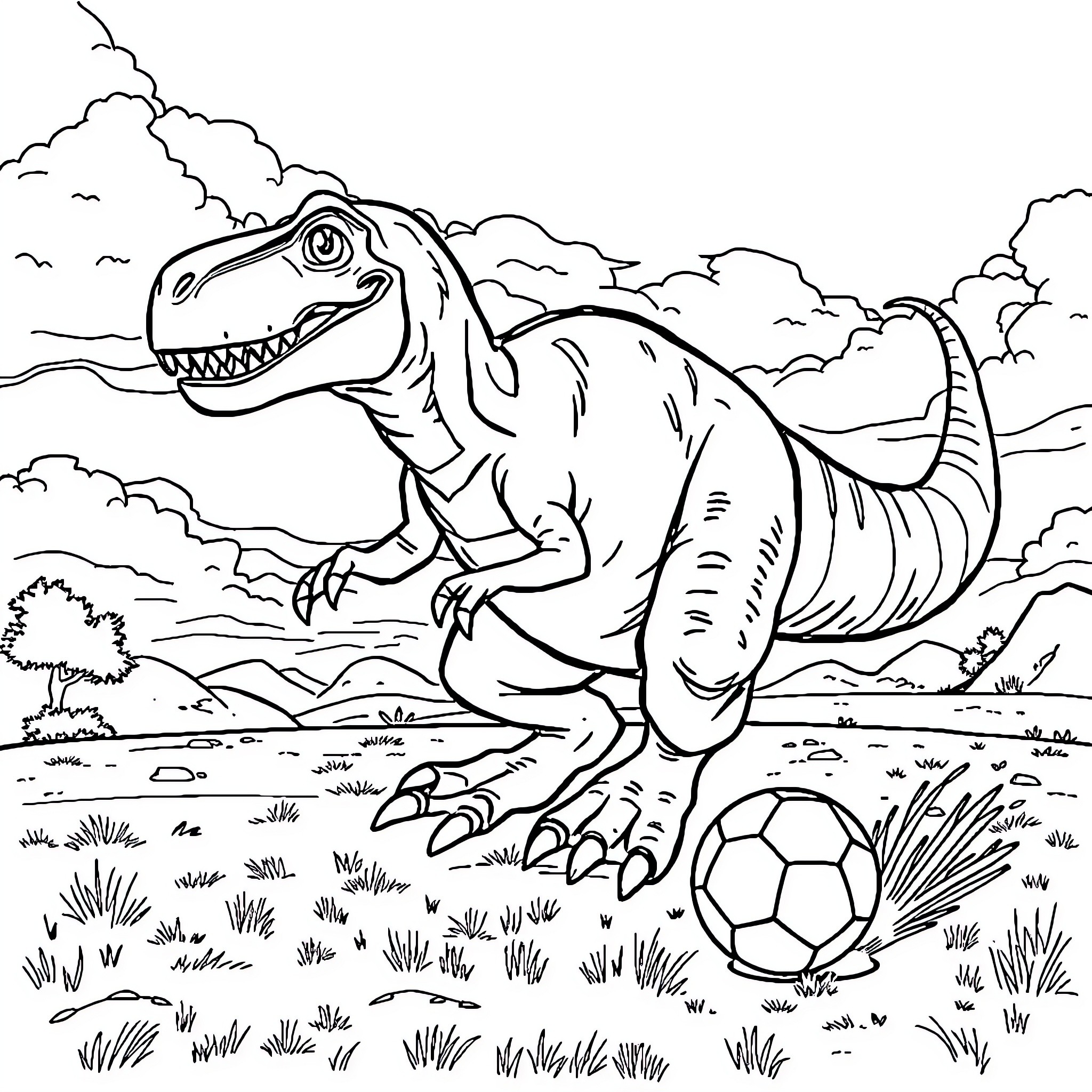 Dinosaur playing with soccer ball in scenic landscape Coloring Page (free black-and-white line drawing printable PDF for all, from beginners to advanced learners, including children, teens, adults, and seniors)