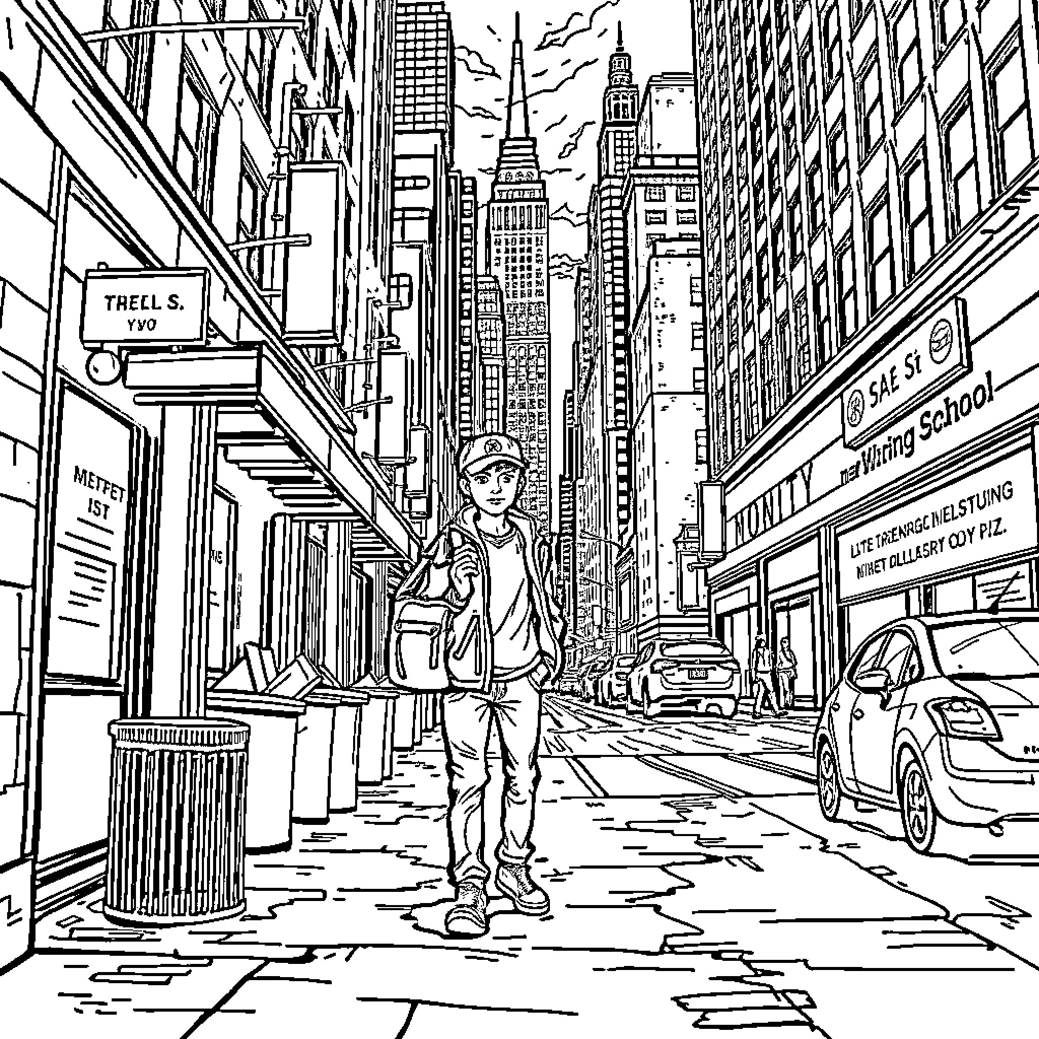 Catcher on the Streets of New York City Coloring Page (free black-and-white line drawing printable PDF for all, from beginners to advanced learners, including children, teens, adults, and seniors)
