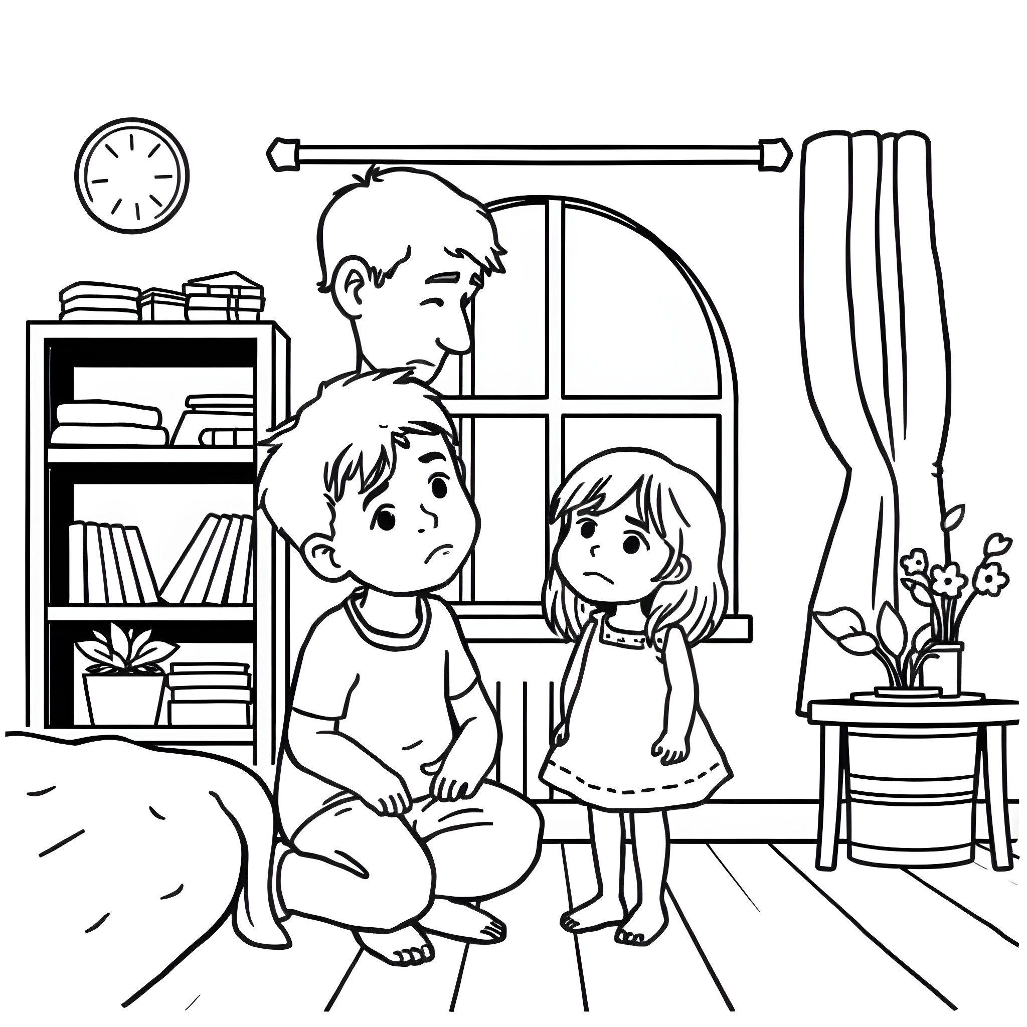 Child playing in bedroom with friends Coloring Page (free black-and-white line drawing printable PDF for all, from beginners to advanced learners, including children, teens, adults, and seniors)