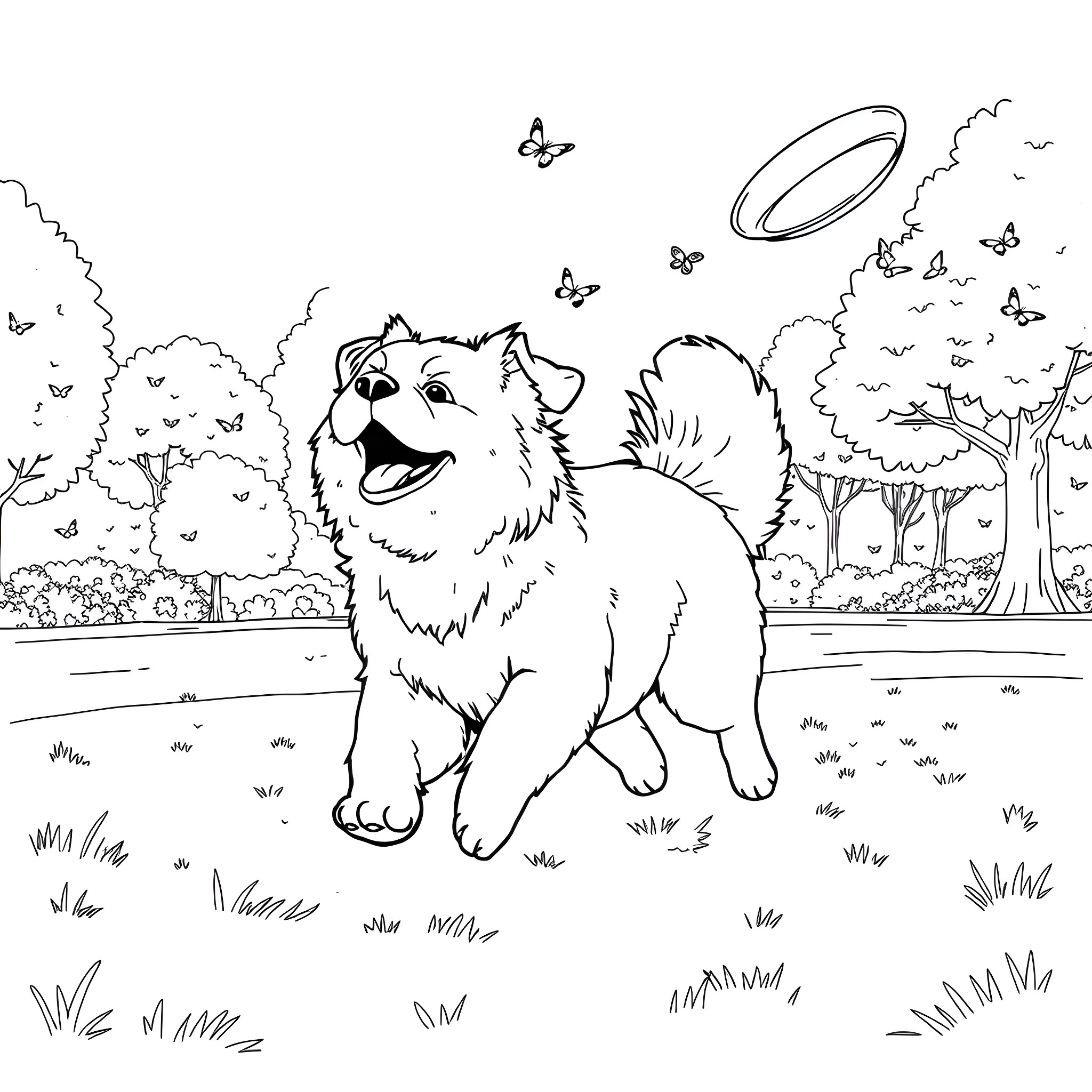 Dog happily chasing butterflies in the park Coloring Page (free black-and-white line drawing printable PDF for all, from beginners to advanced learners, including children, teens, adults, and seniors)