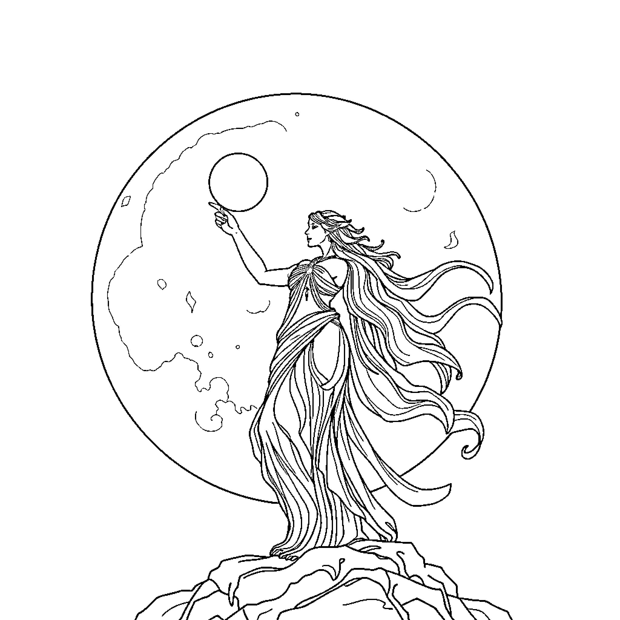 Selene, the Goddess, Gazes at the Celestial Moon Coloring Page (free black-and-white line drawing printable PDF for all, from beginners to advanced learners, including children, teens, adults, and seniors)