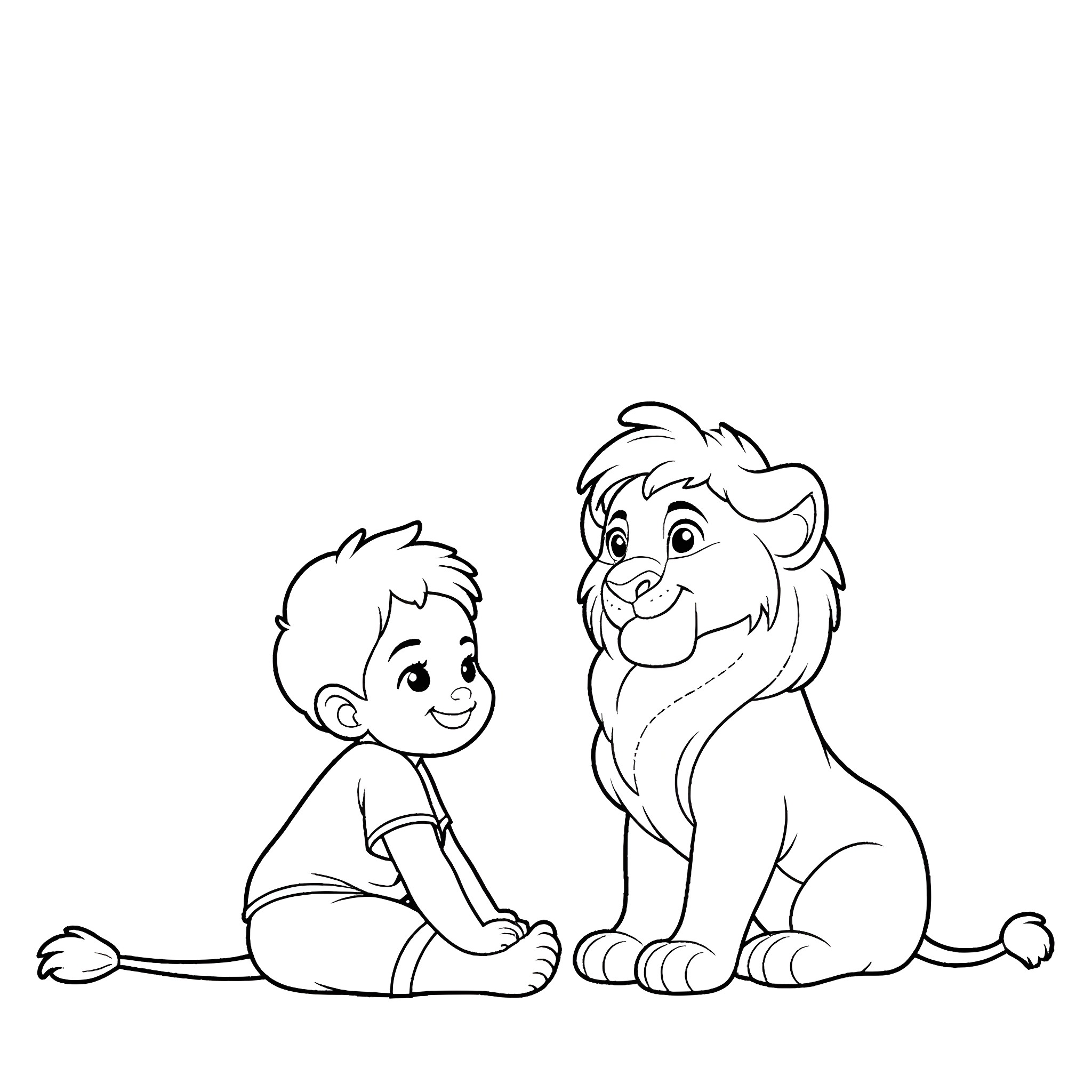 Baby playing happily with pet lion in the park Coloring Page (free black-and-white line drawing printable PDF for all, from beginners to advanced learners, including children, teens, adults, and seniors)