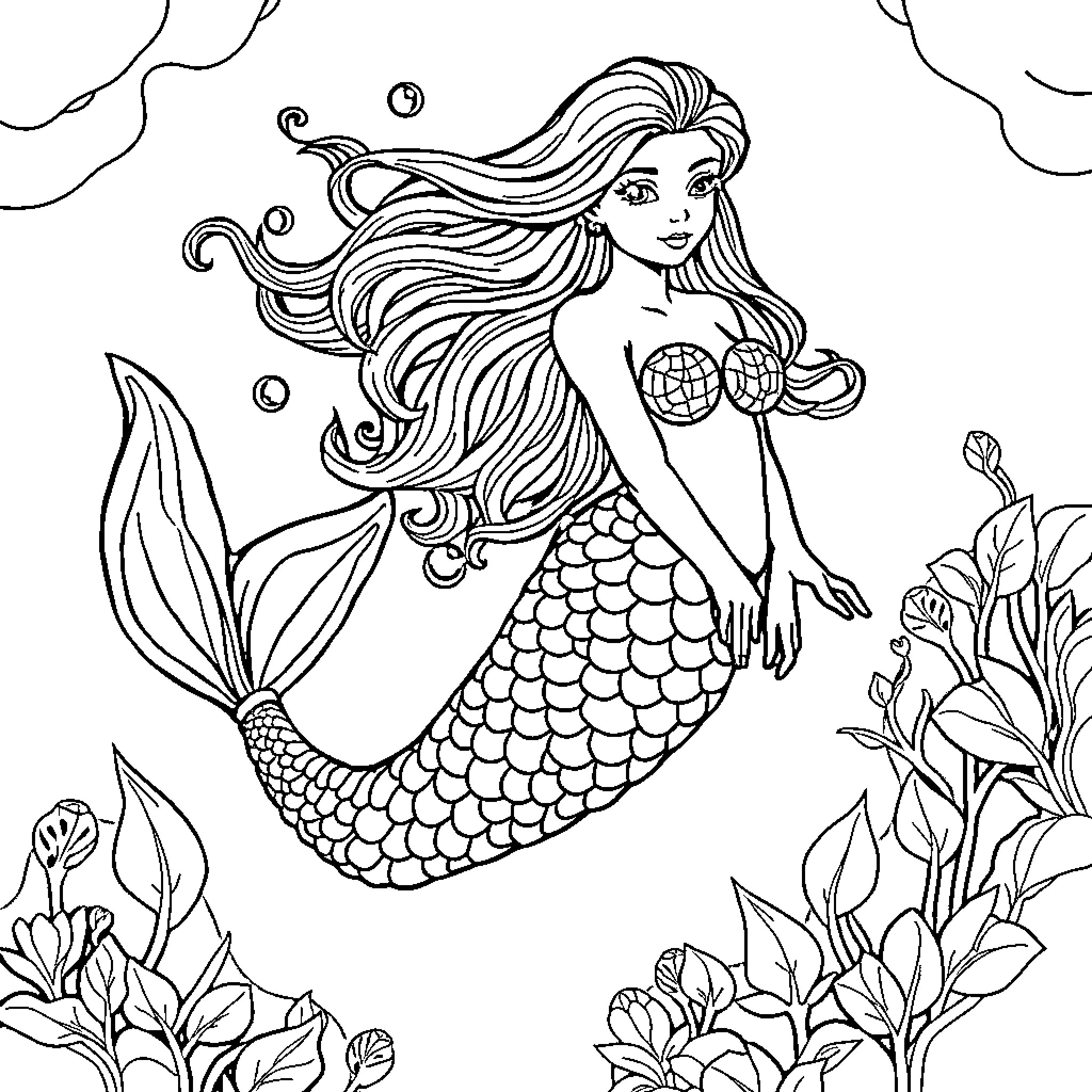Mermaid with flowing hair in an underwater scene Coloring Page (free black-and-white line drawing printable PDF for all, from beginners to advanced learners, including children, teens, adults, and seniors)