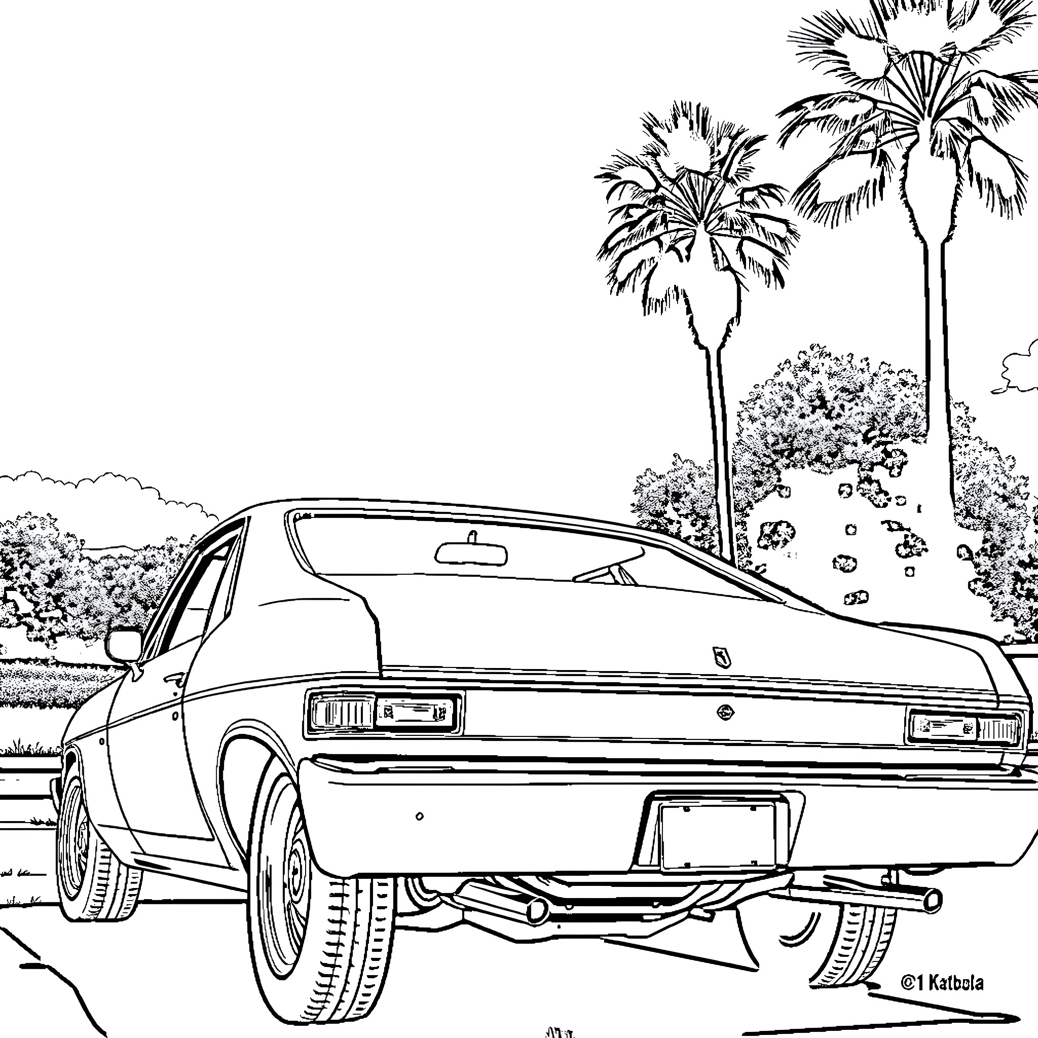 Chevy Nova parked by tropical palm trees Coloring Page (free black-and-white line drawing printable PDF for all, from beginners to advanced learners, including children, teens, adults, and seniors)