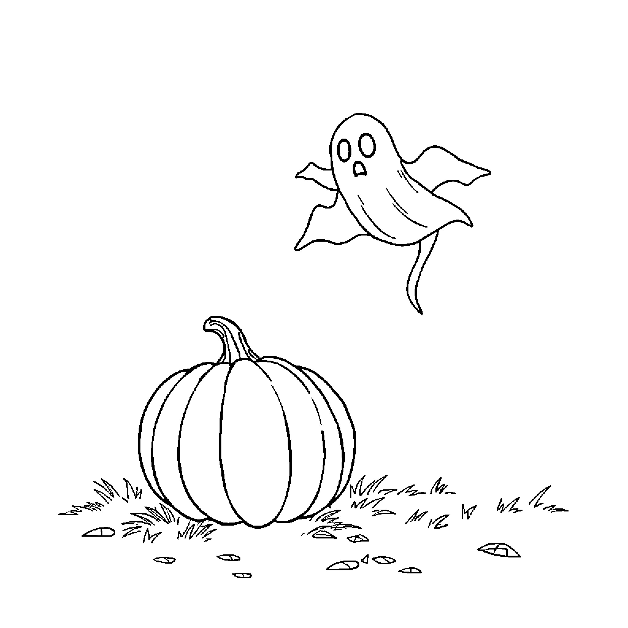 Pumpkin and ghost in the autumn field Coloring Page (free black-and-white line drawing printable PDF for all, from beginners to advanced learners, including children, teens, adults, and seniors)