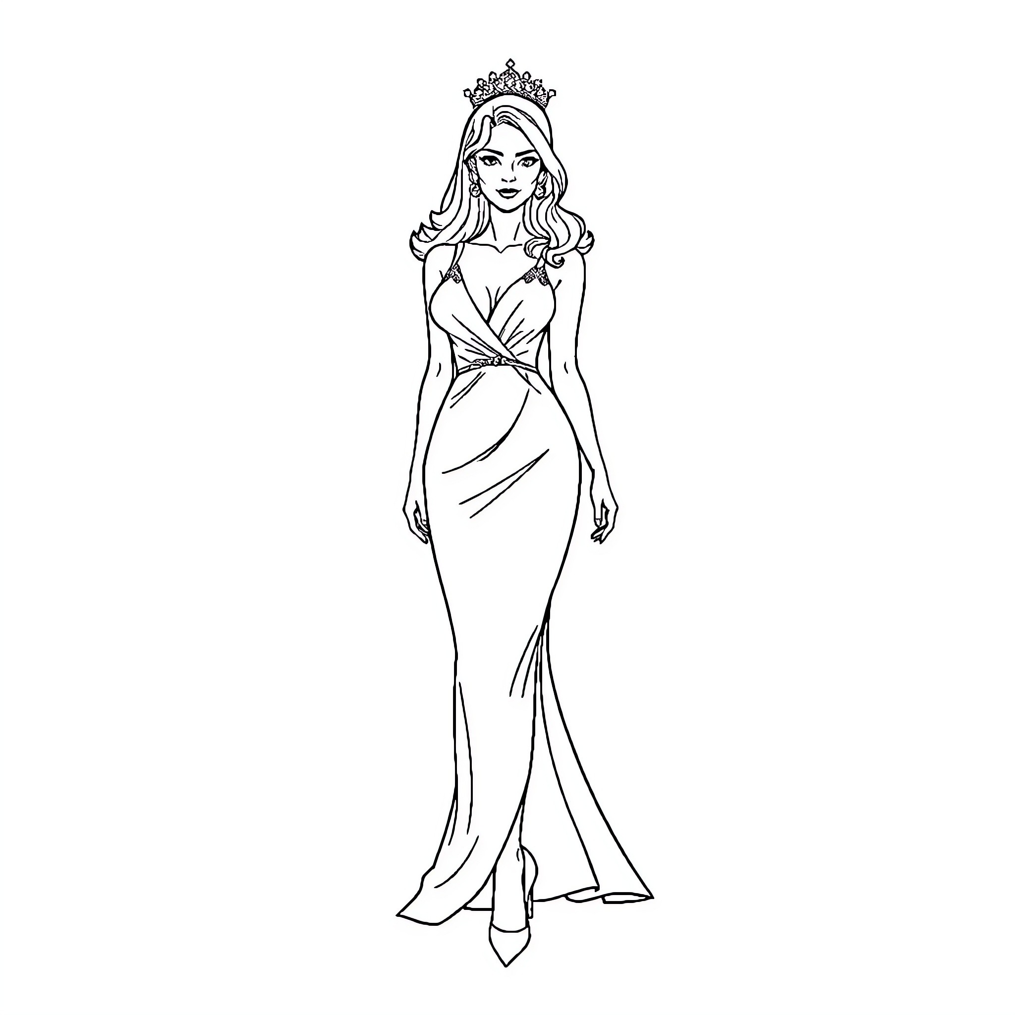 Woman in a regal gown and crown Coloring Page (free black-and-white line drawing printable PDF for all, from beginners to advanced learners, including children, teens, adults, and seniors)