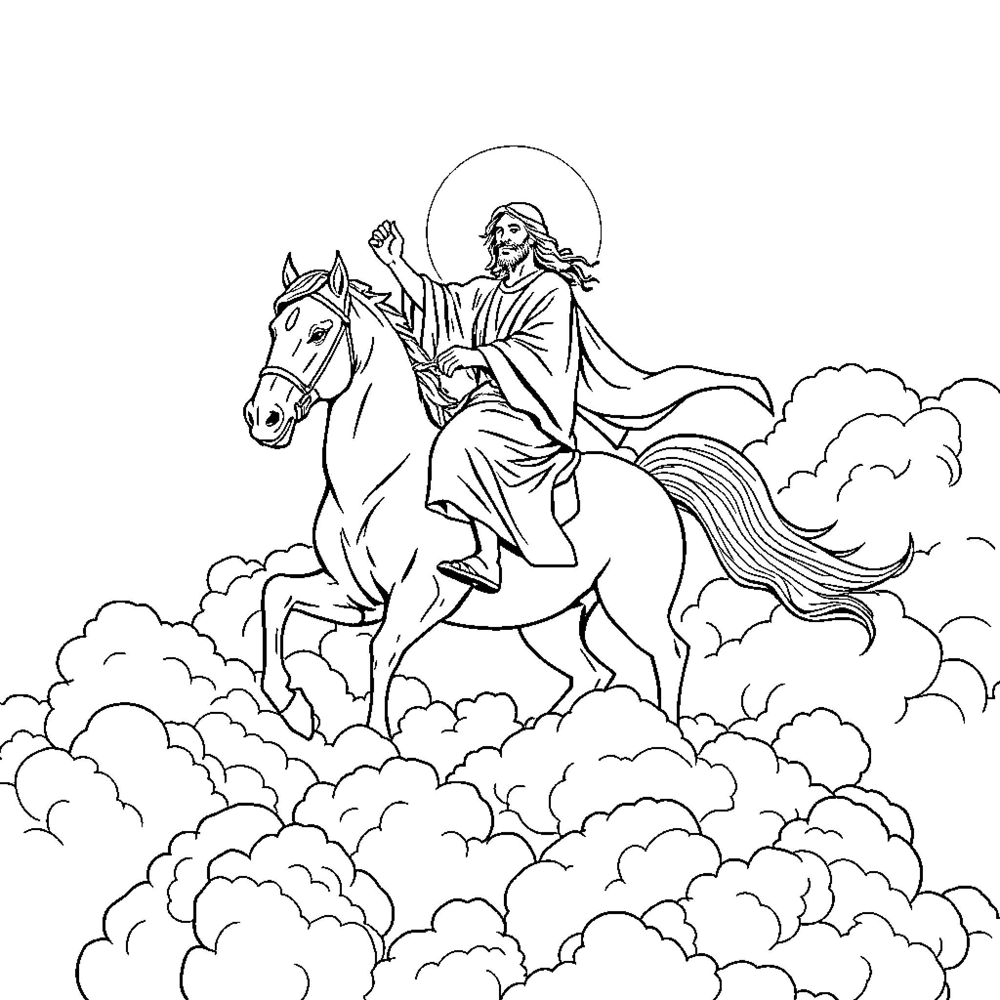 Jesus riding a white horse in the clouds Coloring Page (free black-and-white line drawing printable PDF for all, from beginners to advanced learners, including children, teens, adults, and seniors)