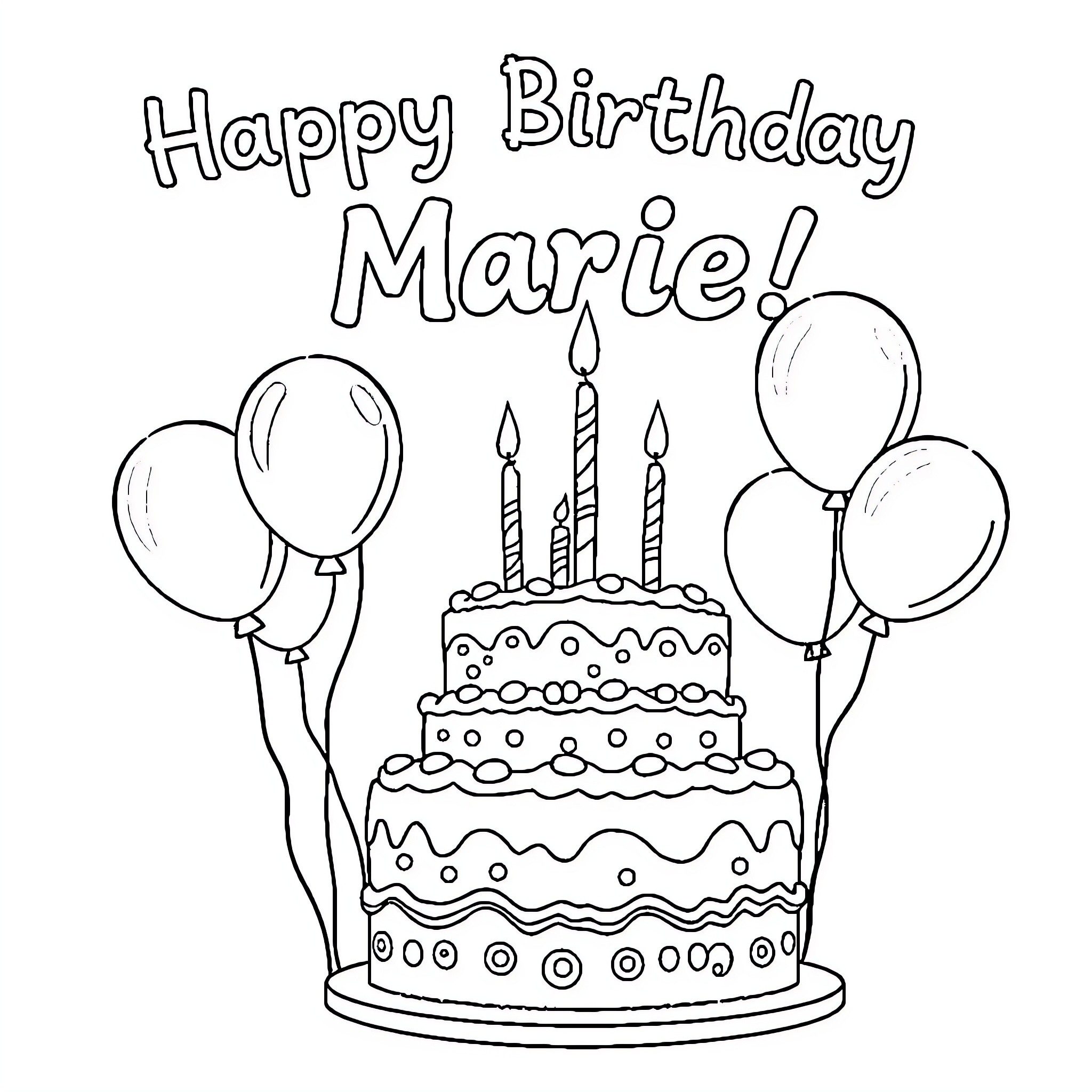 Marie's Birthday Celebration with Cake and Balloons Coloring Page (free black-and-white line drawing printable PDF for all, from beginners to advanced learners, including children, teens, adults, and seniors)