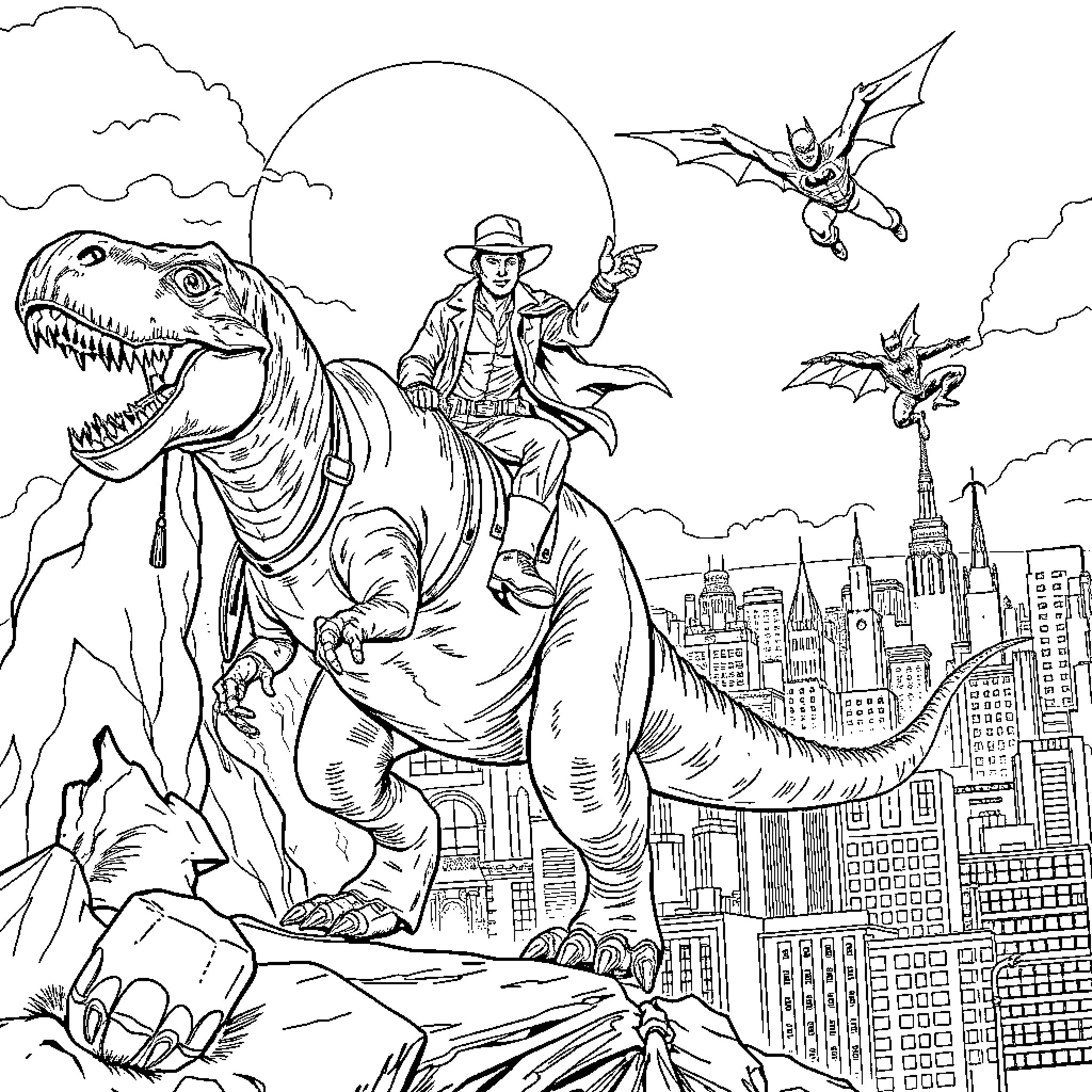 Indiana Jones on Dinosaur Adventure in City Skyline Coloring Page (free black-and-white line drawing printable PDF for all, from beginners to advanced learners, including children, teens, adults, and seniors)