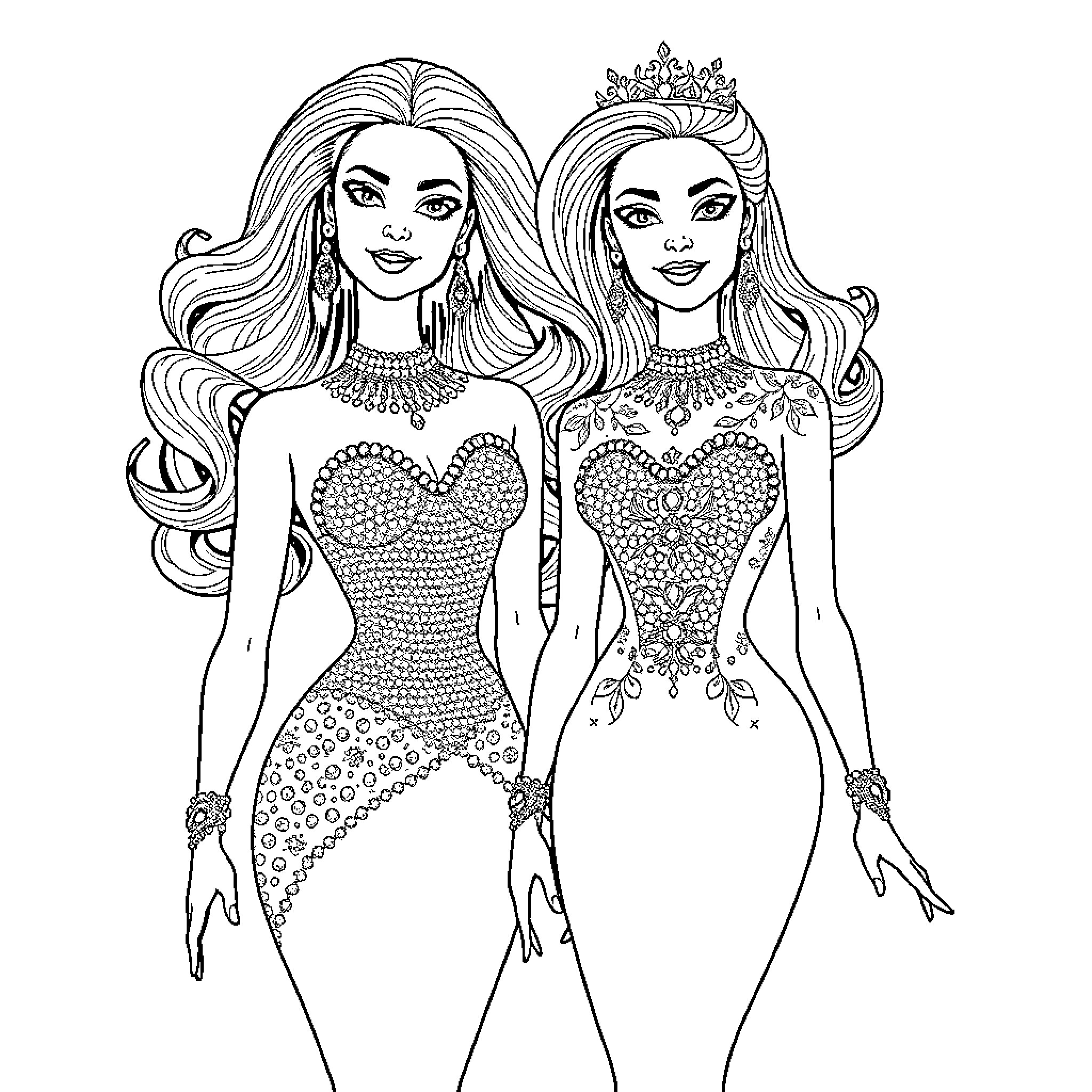 Barbie dolls dressed in glamorous evening gowns Coloring Page (free black-and-white line drawing printable PDF for all, from beginners to advanced learners, including children, teens, adults, and seniors)