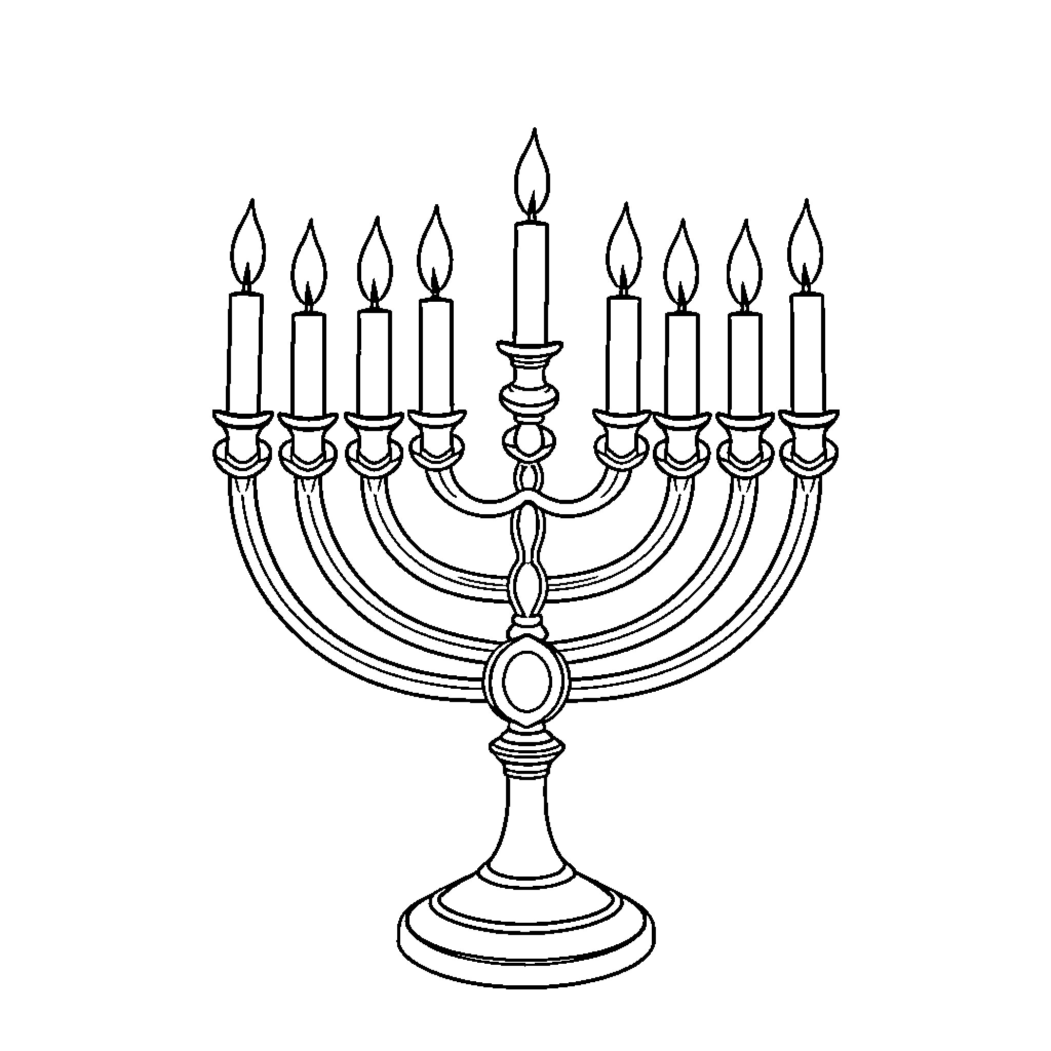 Menorah with lit candles Coloring Page (free black-and-white line drawing printable PDF for all, from beginners to advanced learners, including children, teens, adults, and seniors)