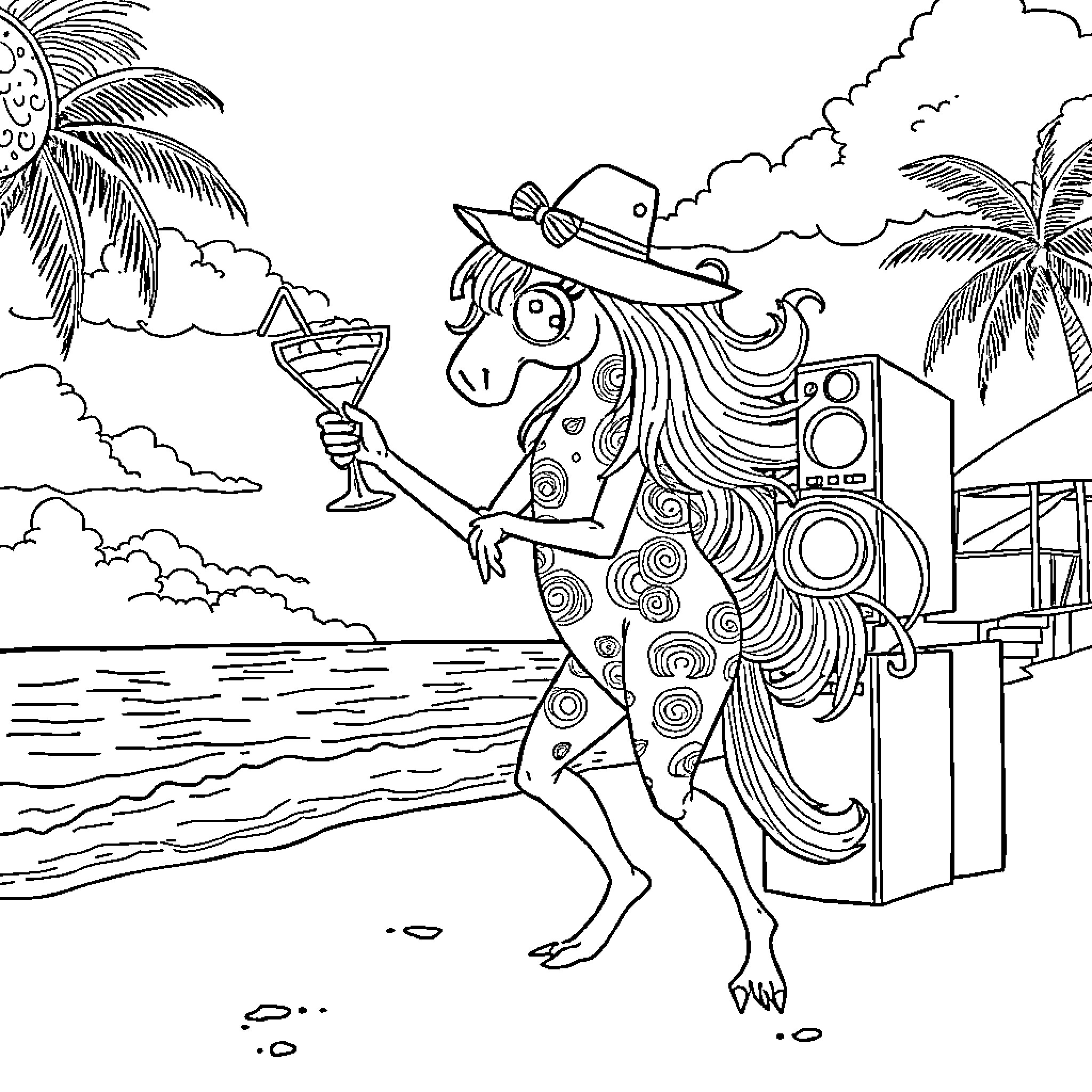 Eenhoorn enjoying a tropical vacation Coloring Page (free black-and-white line drawing printable PDF for all, from beginners to advanced learners, including children, teens, adults, and seniors)