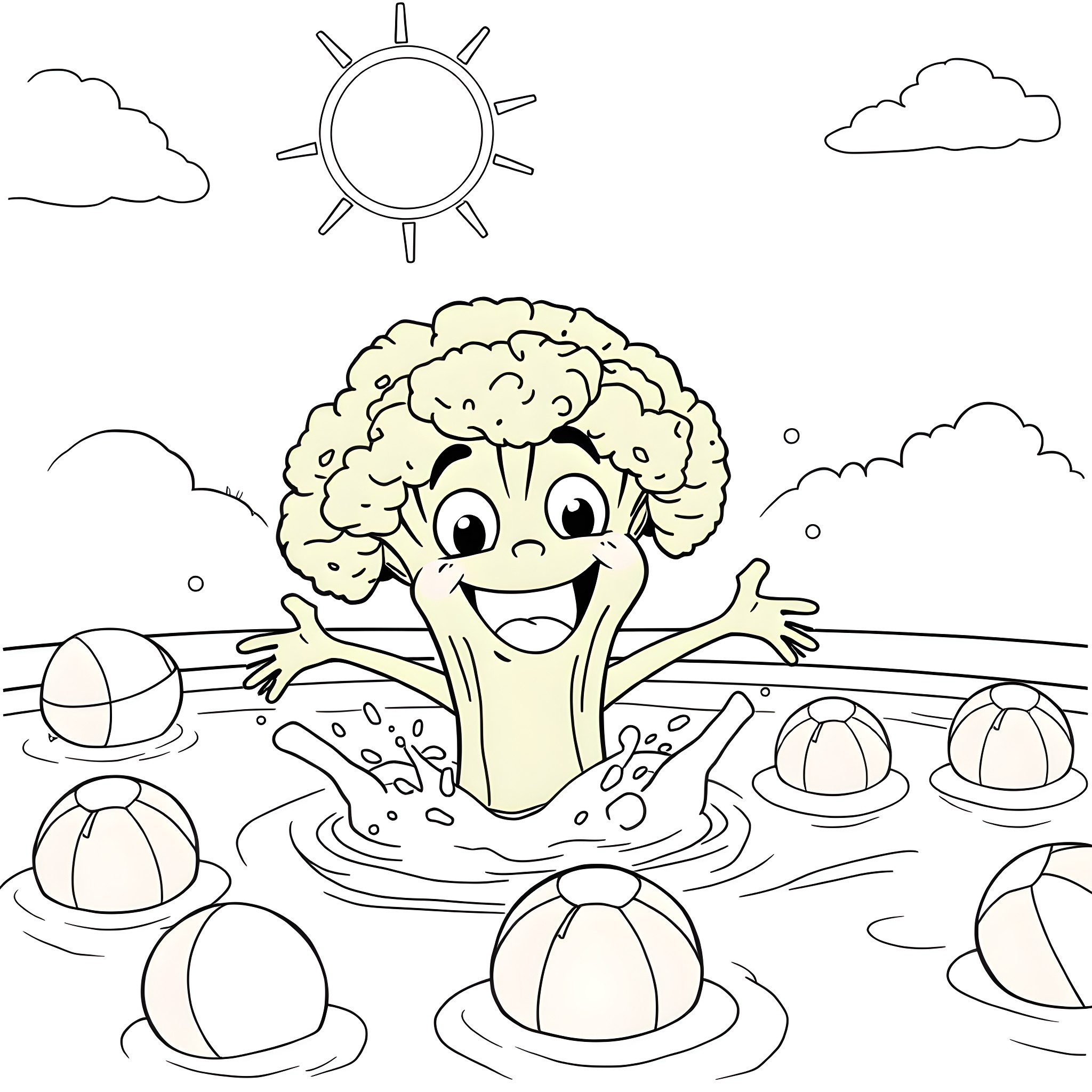 Broccoli enjoying a sunny day at the beach Coloring Page (free black-and-white line drawing printable PDF for all, from beginners to advanced learners, including children, teens, adults, and seniors)