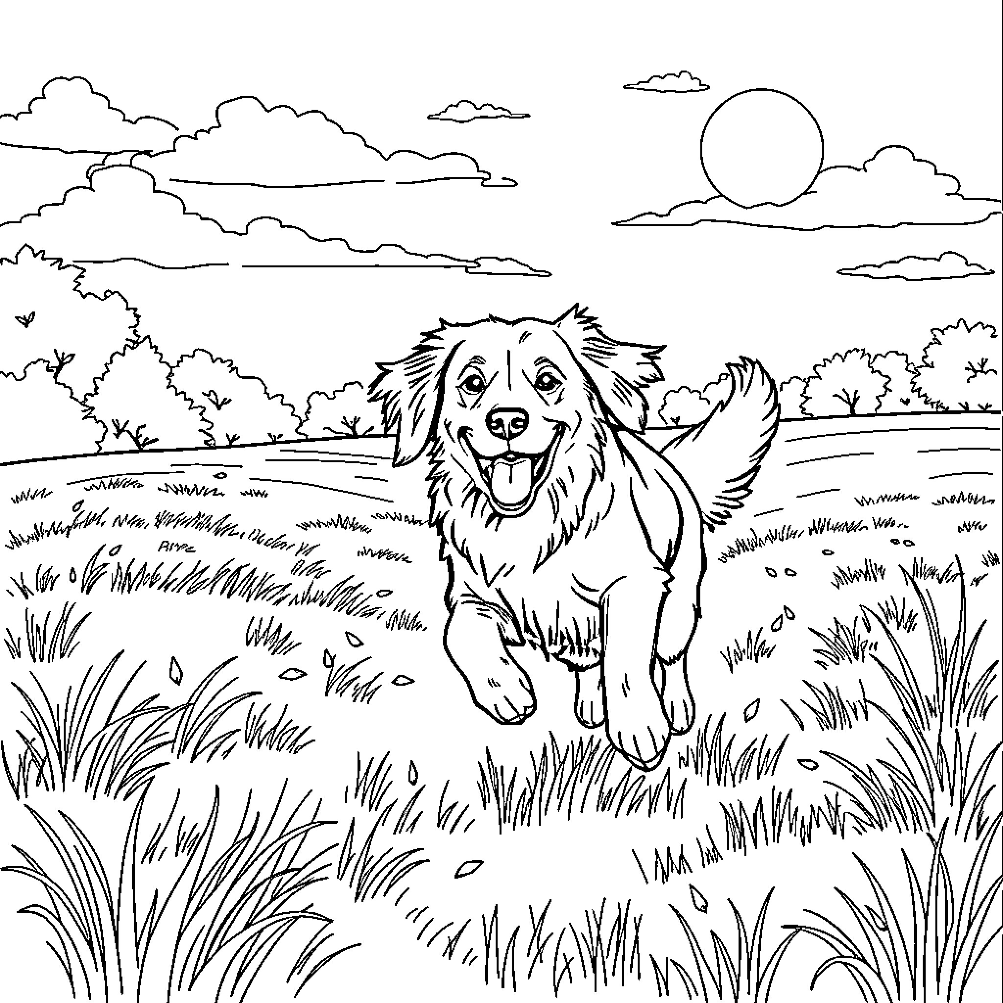 Golden Retriever enjoying a sunny day in the countryside Coloring Page (free black-and-white line drawing printable PDF for all, from beginners to advanced learners, including children, teens, adults, and seniors)