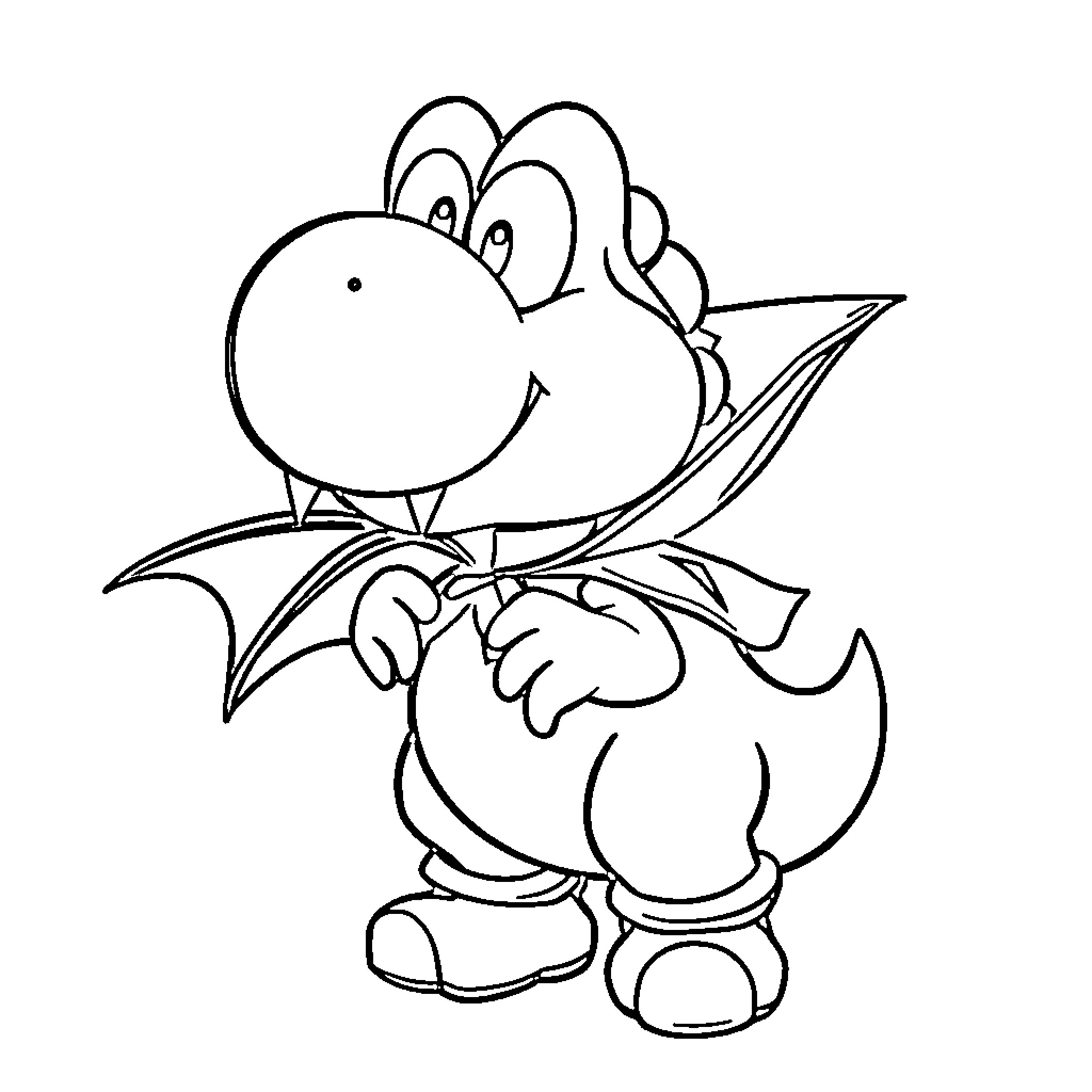 Yoshi the Dragon Smiling Happily Coloring Page (free black-and-white line drawing printable PDF for all, from beginners to advanced learners, including children, teens, adults, and seniors)