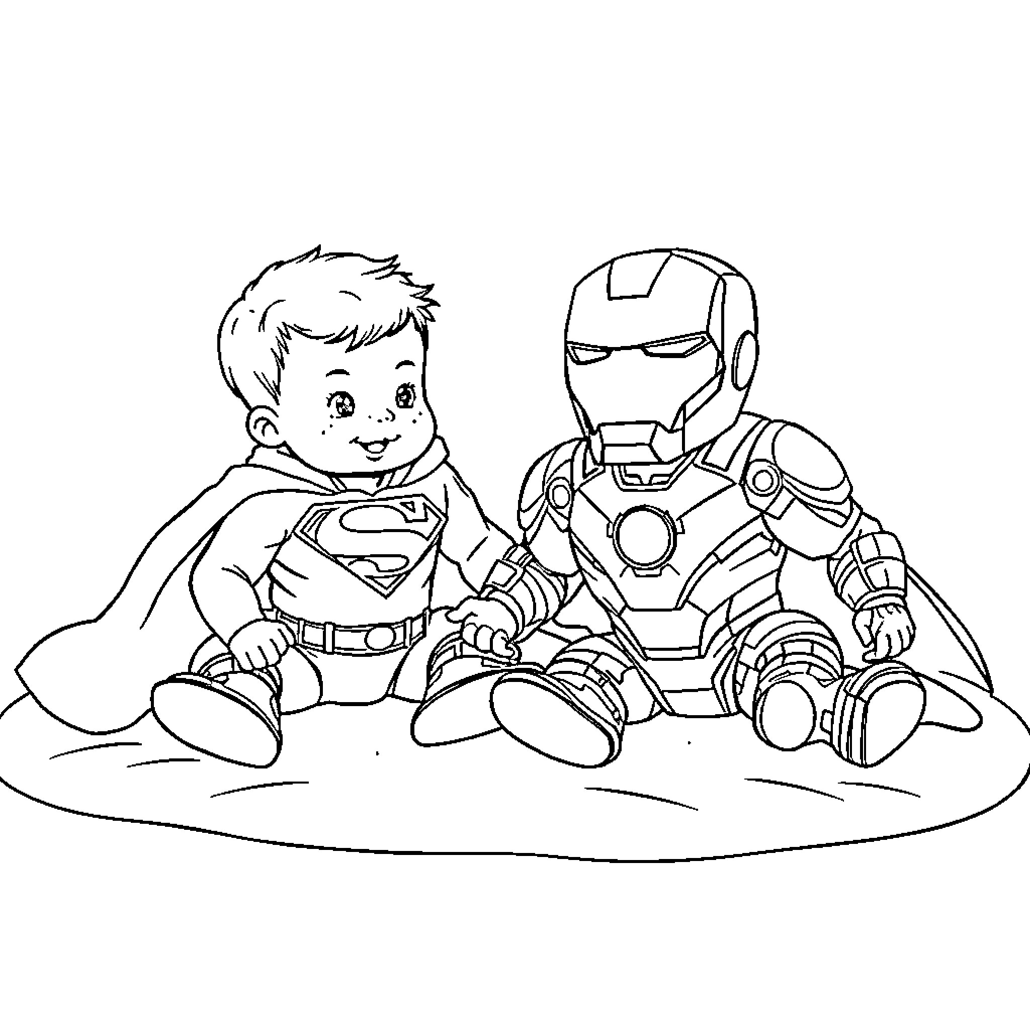 Baby Superheroes Enjoying Time Together Coloring Page (free black-and-white line drawing printable PDF for all, from beginners to advanced learners, including children, teens, adults, and seniors)