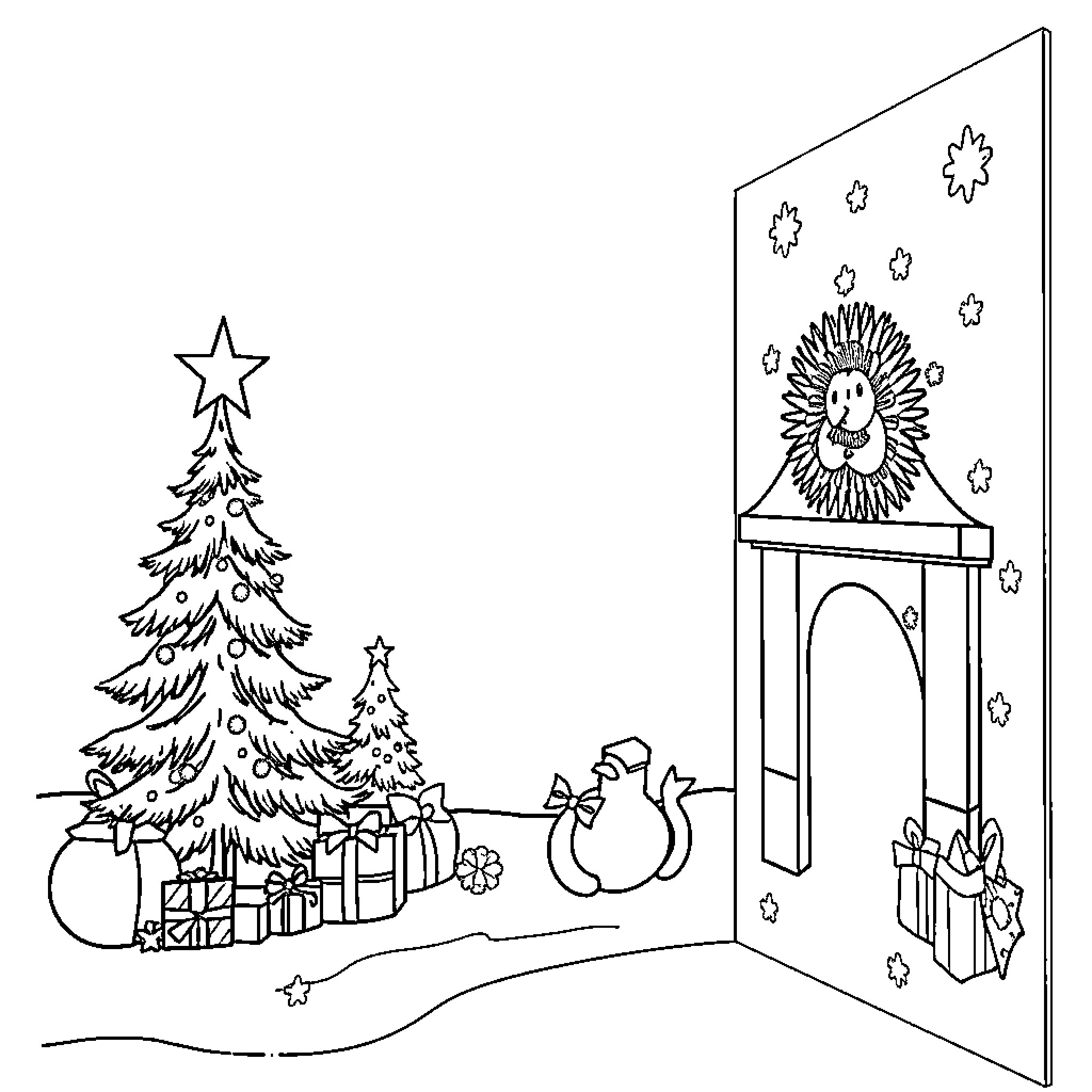 Christmas Card with Festive Winter Scene Coloring Page (free black-and-white line drawing printable PDF for all, from beginners to advanced learners, including children, teens, adults, and seniors)
