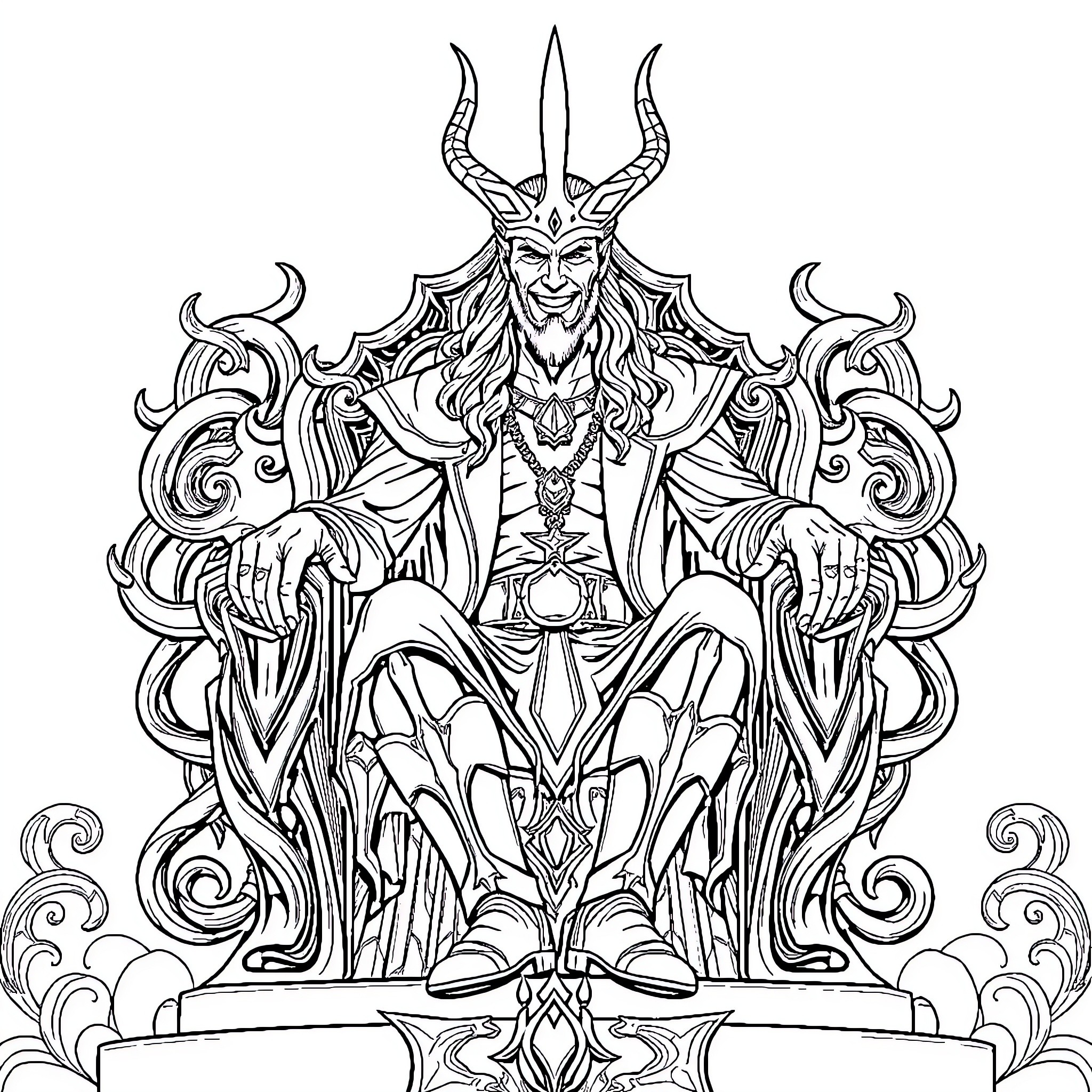 Loki, the Mischievous Deity Enthroned Coloring Page (free black-and-white line drawing printable PDF for all, from beginners to advanced learners, including children, teens, adults, and seniors)