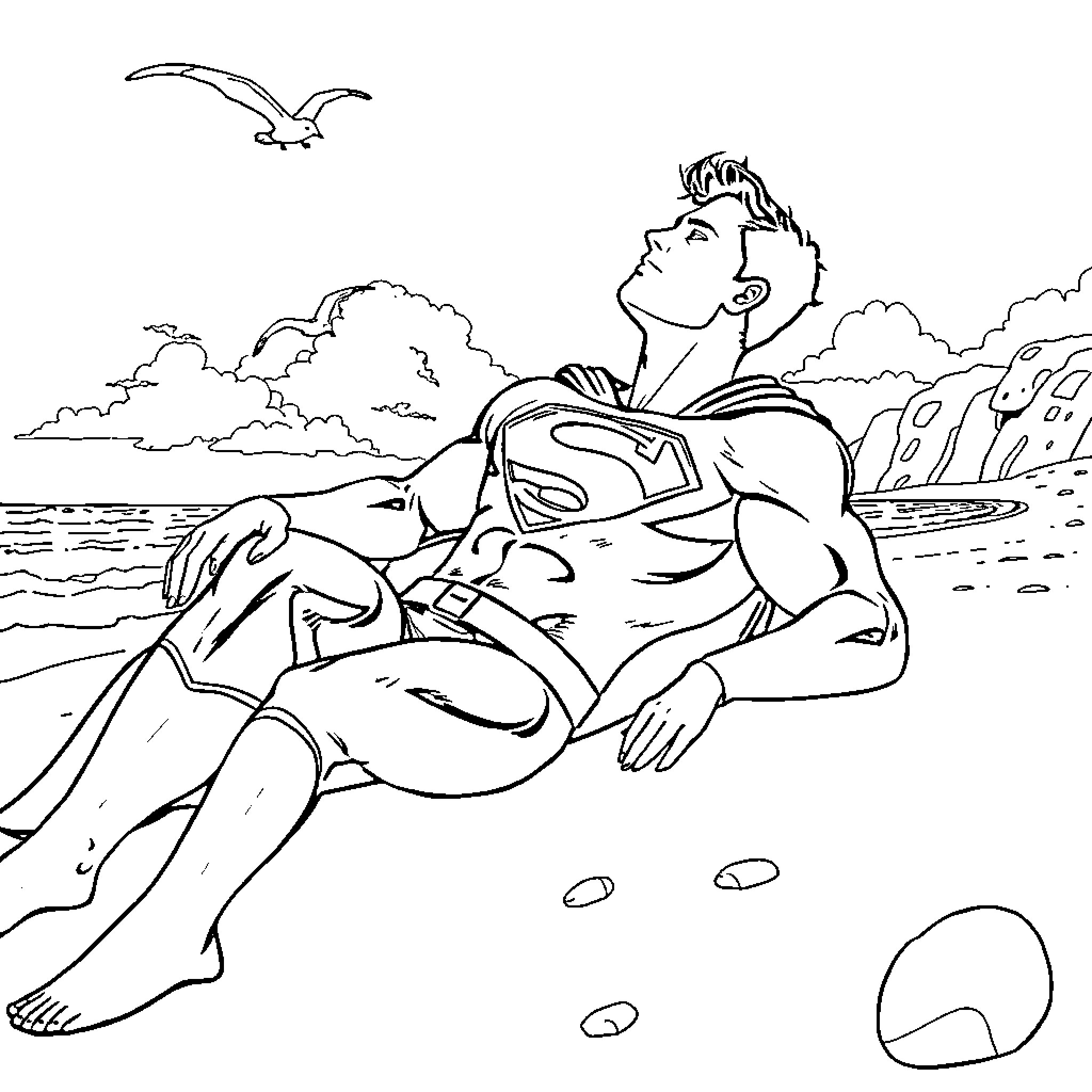Superman relaxing on the beach after heroic deeds Coloring Page (free black-and-white line drawing printable PDF for all, from beginners to advanced learners, including children, teens, adults, and seniors)