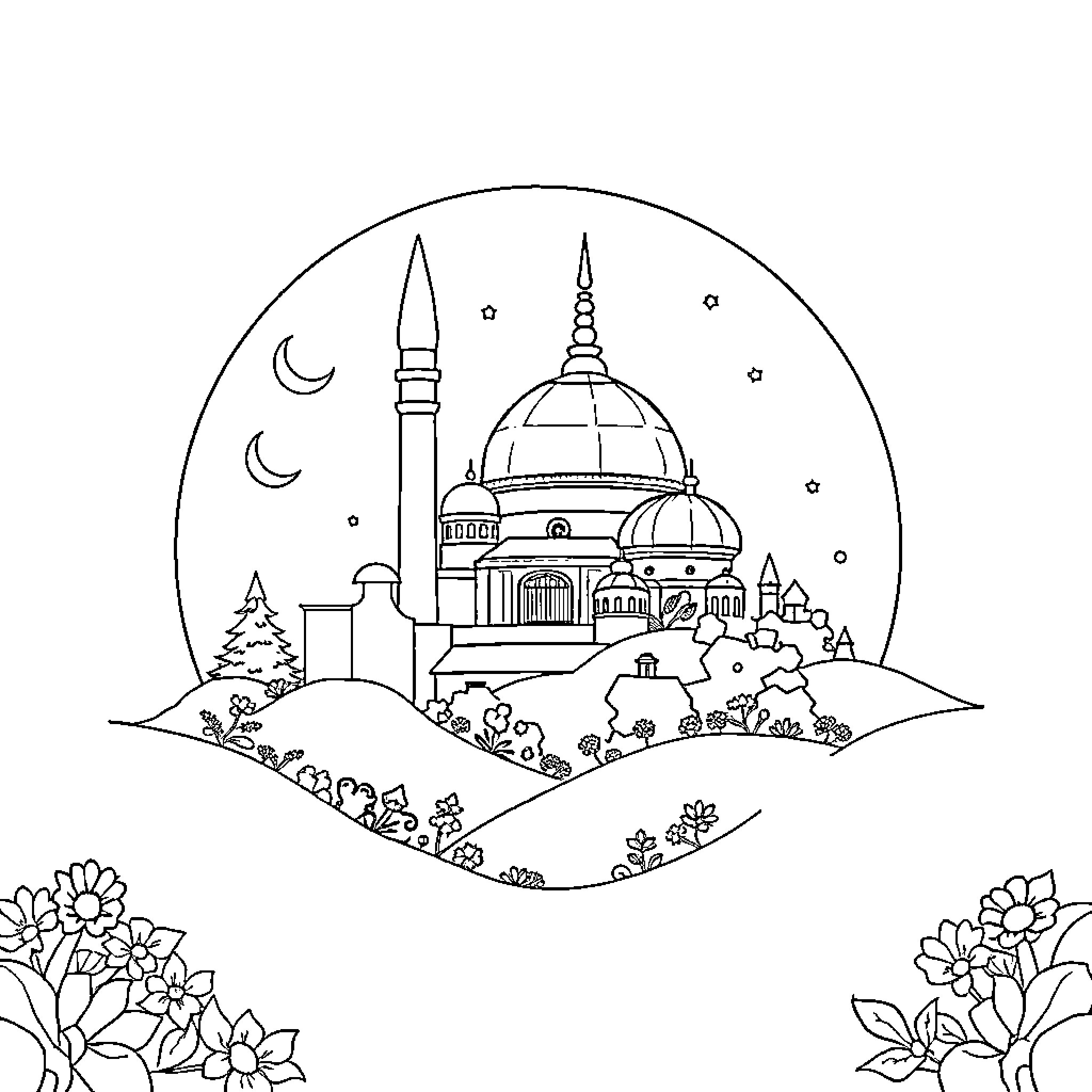 Kuromi exploring a majestic night scenery Coloring Page (free black-and-white line drawing printable PDF for all, from beginners to advanced learners, including children, teens, adults, and seniors)