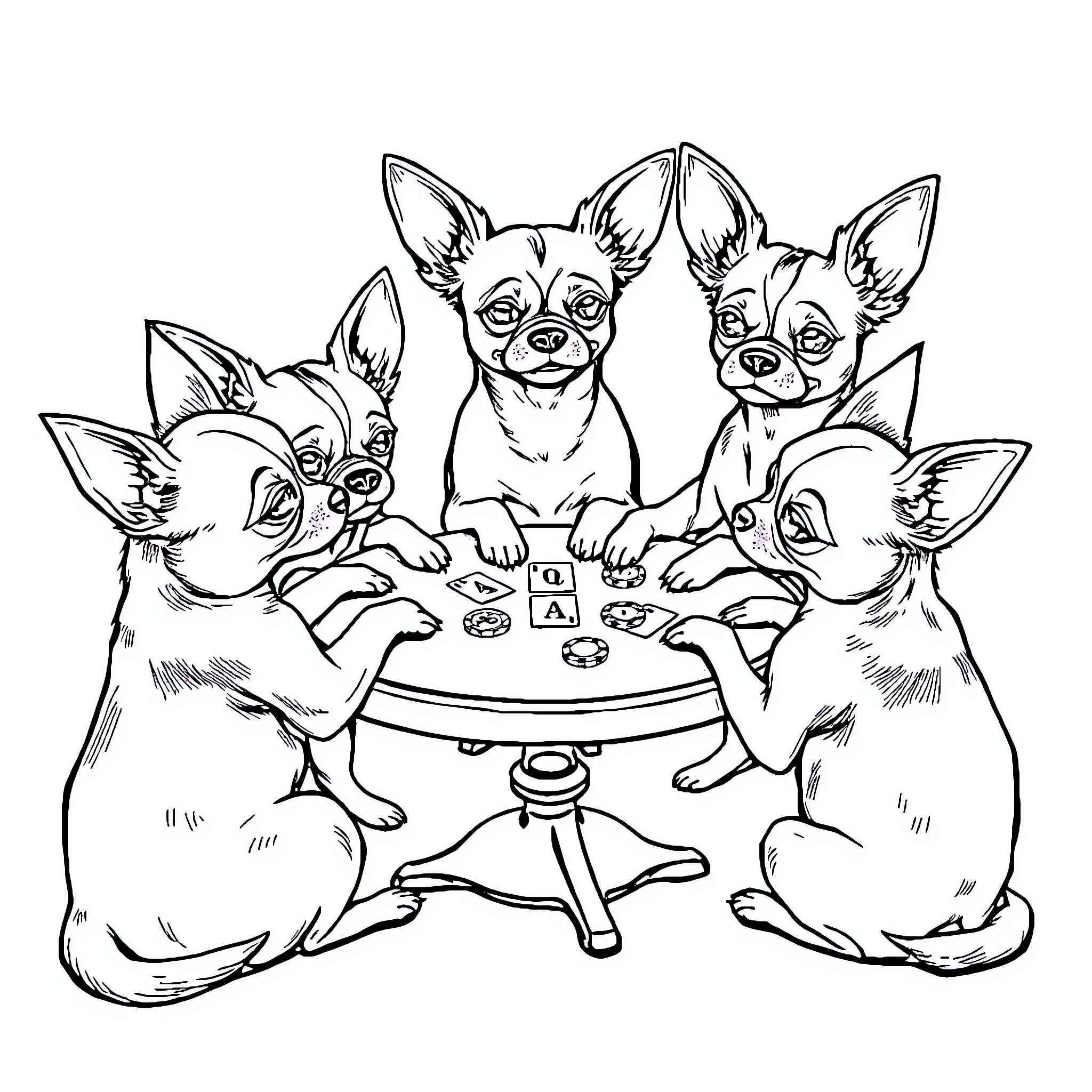 Chihuahuas playing a game together Coloring Page (free black-and-white line drawing printable PDF for all, from beginners to advanced learners, including children, teens, adults, and seniors)